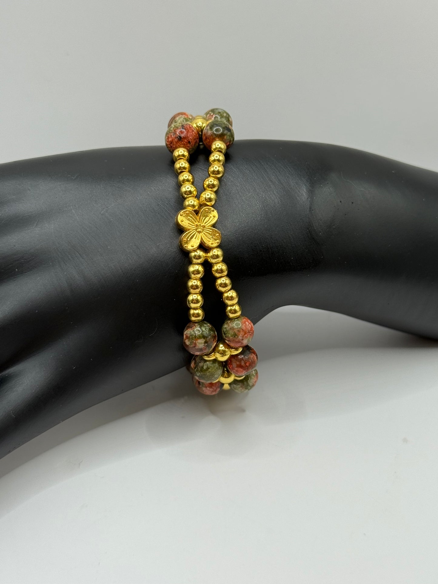 7” Unakite Gemstone Stretch Bracelet with Gold Accents | Free Resizing | Earthy Boho Jewelry