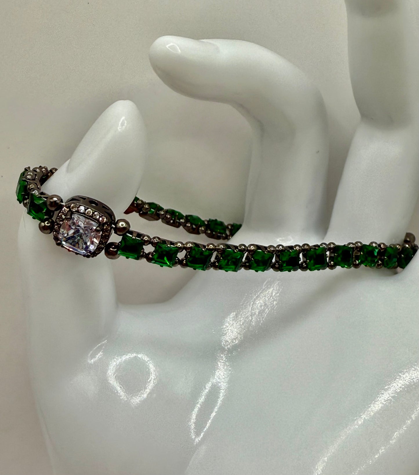 Green Sparkle Statement Bracelet | 8” Green Rhinestone Tennis Bracelet with Radiant Focal | Formal Jewelry | Holiday Party & Everyday Glam | Gift for Her