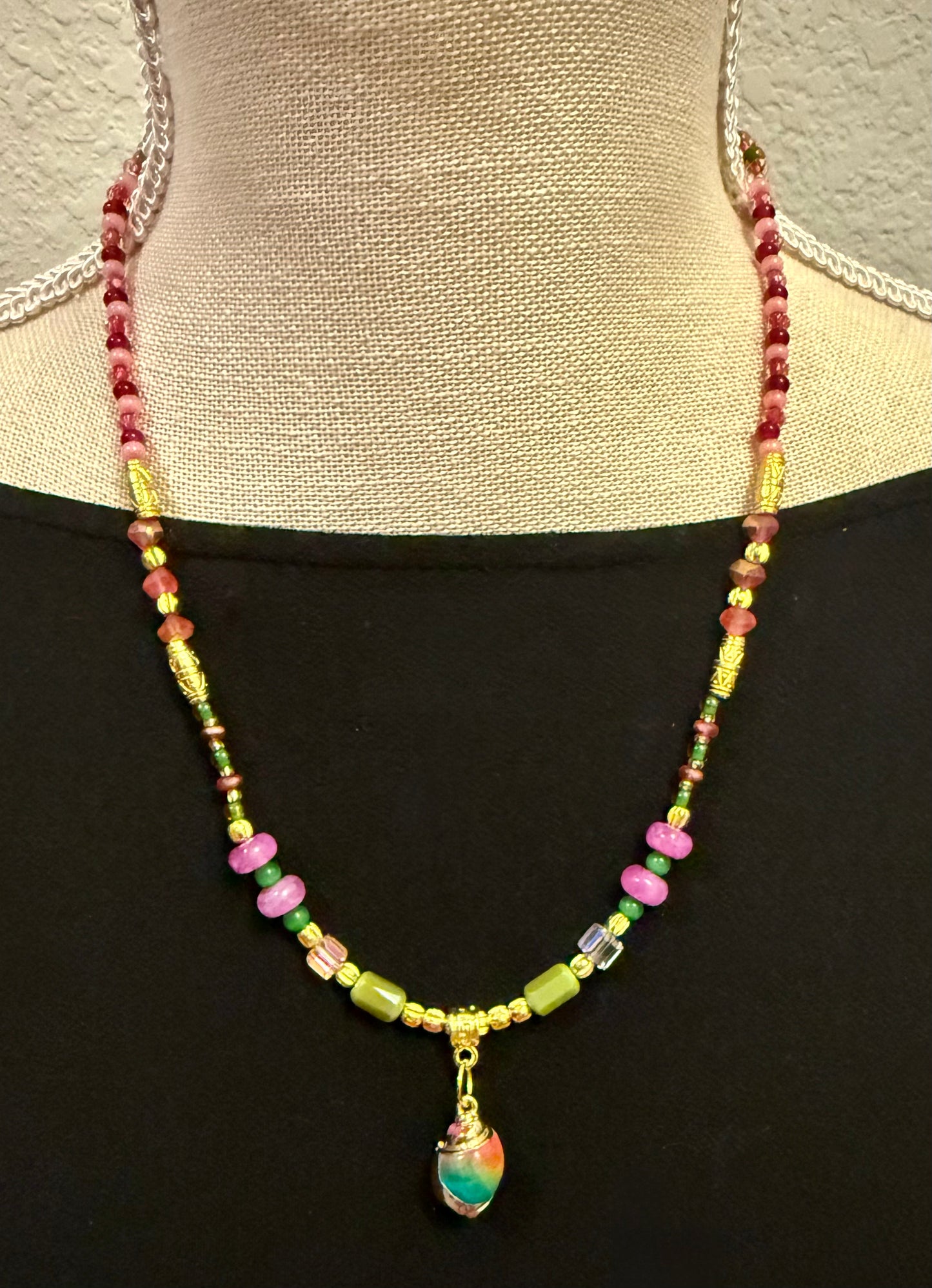Glass Beaded Necklace 20 Inch | Colorful Handmade Necklace | Artisan Bead Necklace | Gold Accent Jewelry | Pink