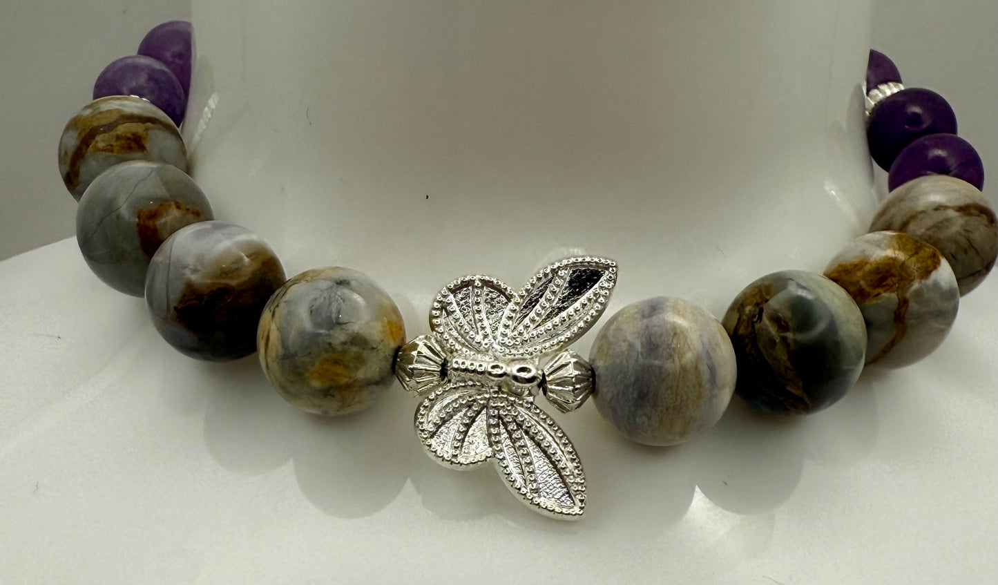 Amethyst Agate and Amethyst Butterfly Bracelets 7.5" Wired and Stretch