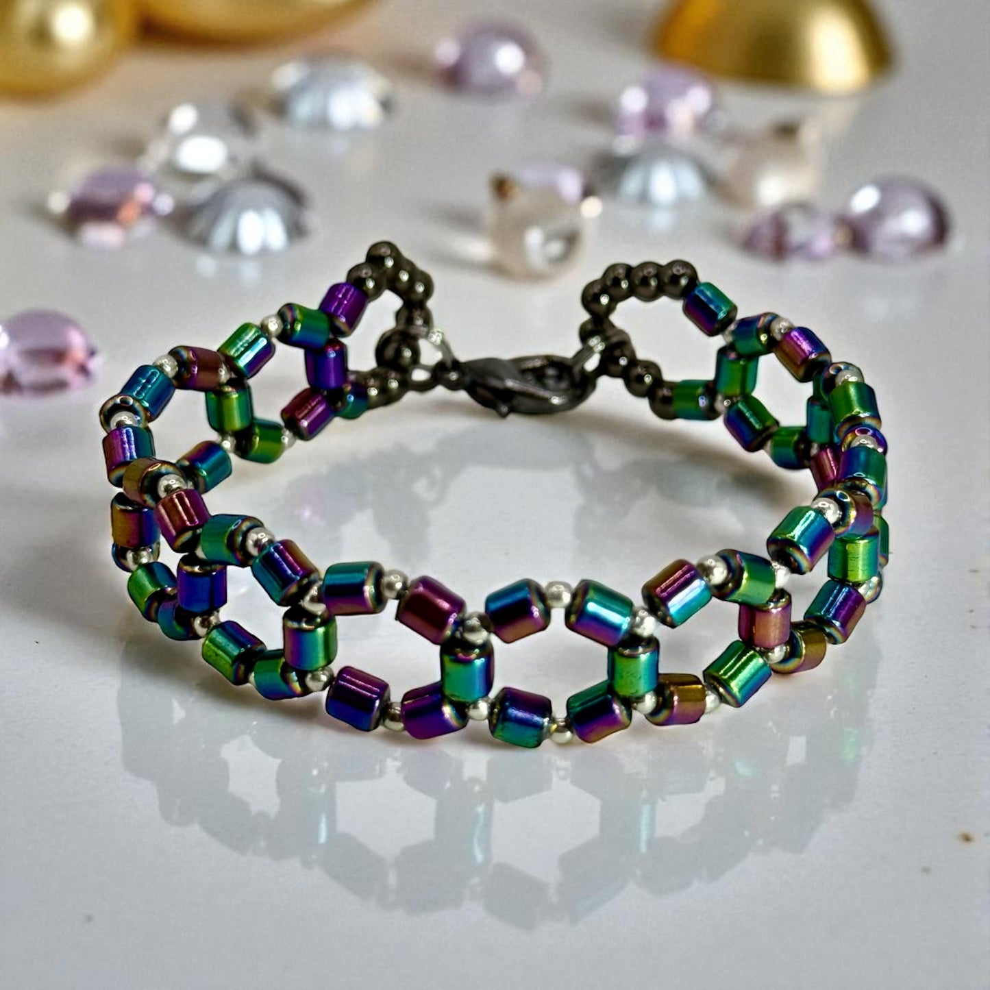 Rainbow Hematite Geometric Bracelet – 7.75” Handmade Beaded Jewelry, Unisex Colorful Bracelet, Unique Gift for Her or Him