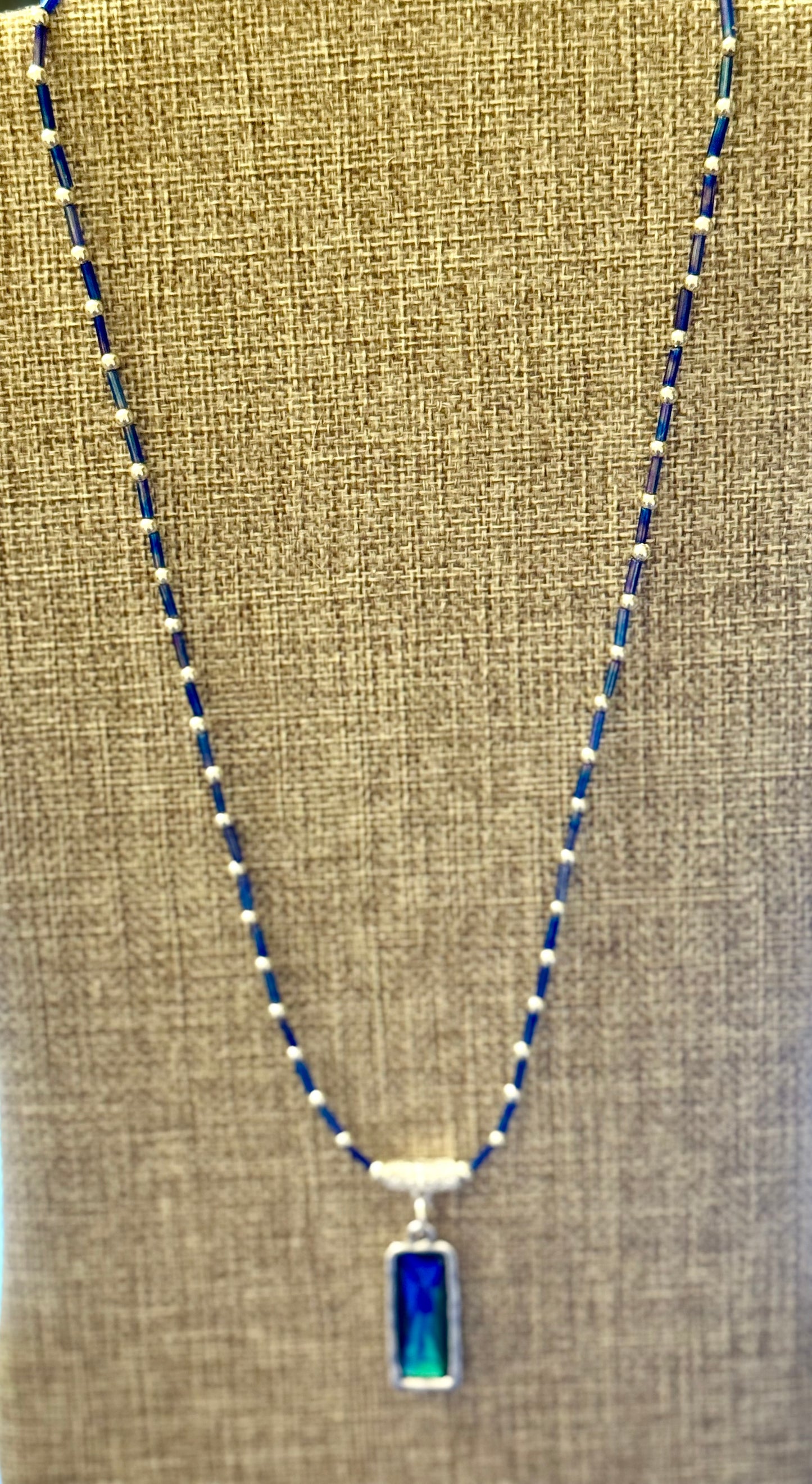 22” Blue Beaded Pendant Necklace with Green & Blue Rectangle Crystal | Handmade Boho Jewelry | Statement Necklace Gift for Her
