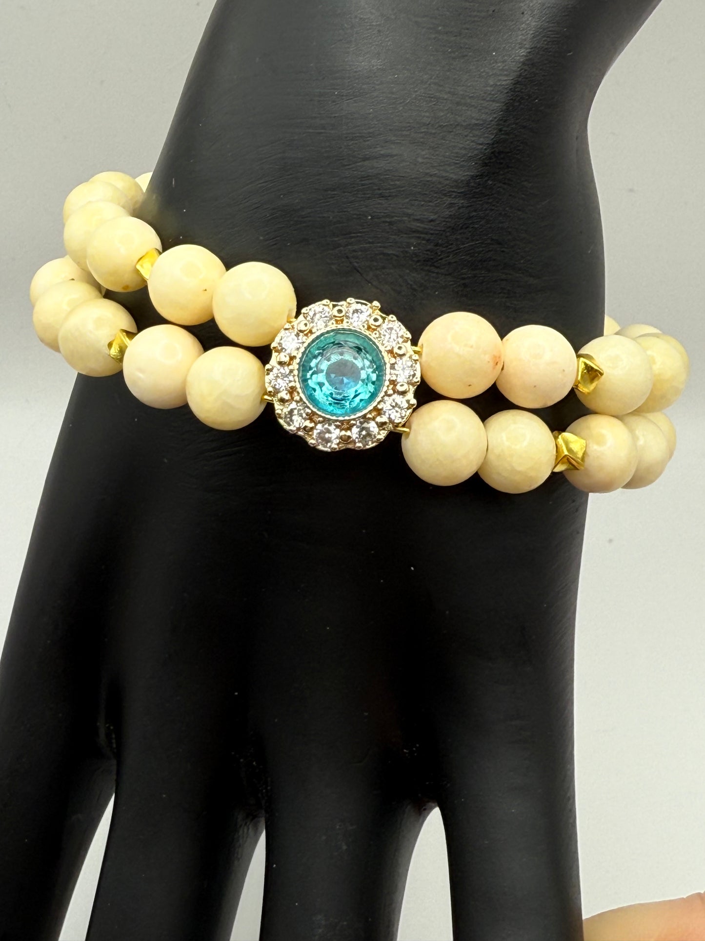 Vibrant Yellow Jade Double Strand Bracelet with Striking Blue Center Focal 7.5"