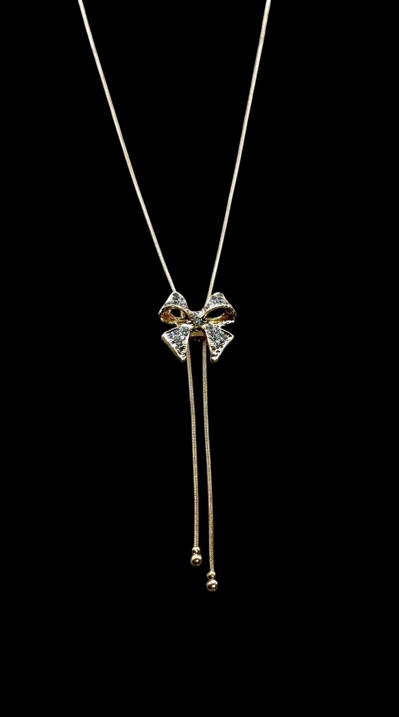 Crystal Bow Pendant Necklace – 22” Gold Chain, Sparkling Ribbon Necklace, Elegant Gift for Her