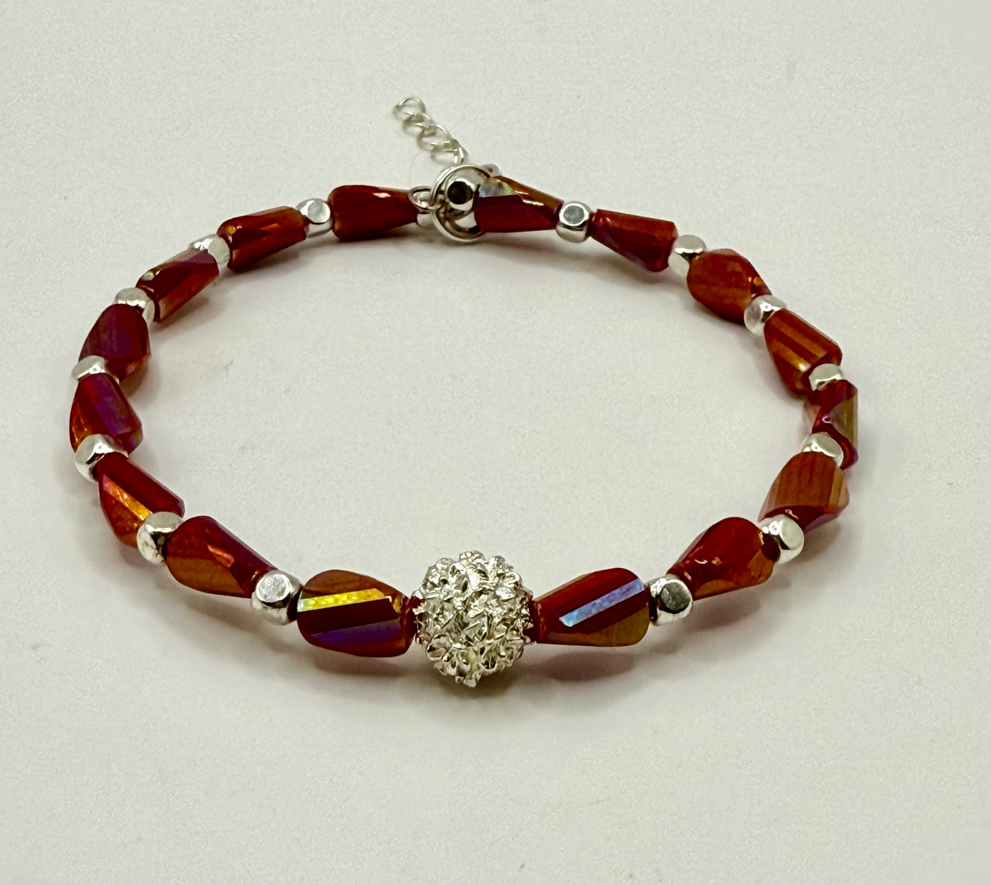 7.5” Fiery Red Glass Bead Bracelet with Sparkling Silver Accent – Handmade Statement Jewelry