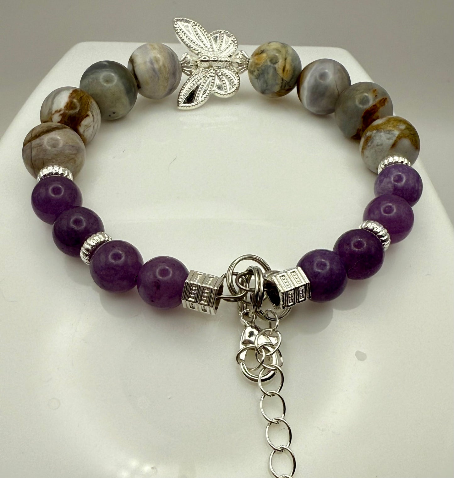 Amethyst Agate and Amethyst Butterfly Bracelets 7.5" Wired and Stretch