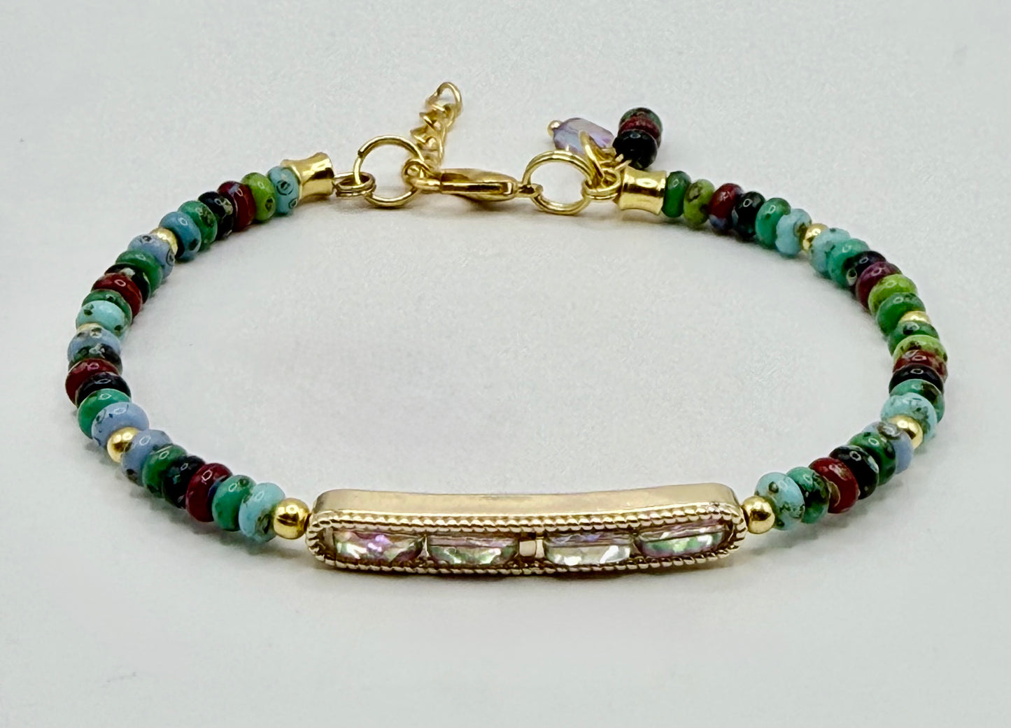 Picasso Glass Donut Bead Bracelet 7.5–8 Inch, Gold Bar Bracelet with AB Faceted Glass, Boho Adjustable Bracelet