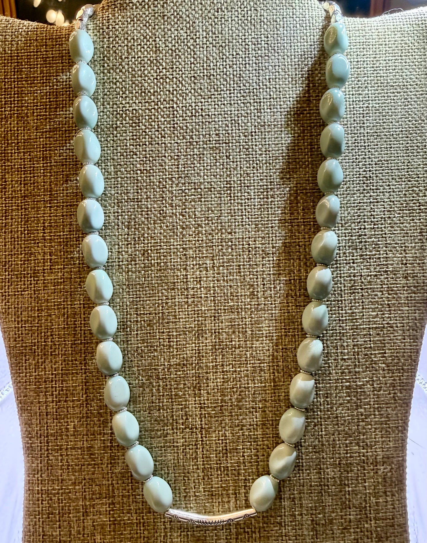 24” Light Sage Green Beaded Necklace - Soft Green | Coastal Boho Handmade Necklace