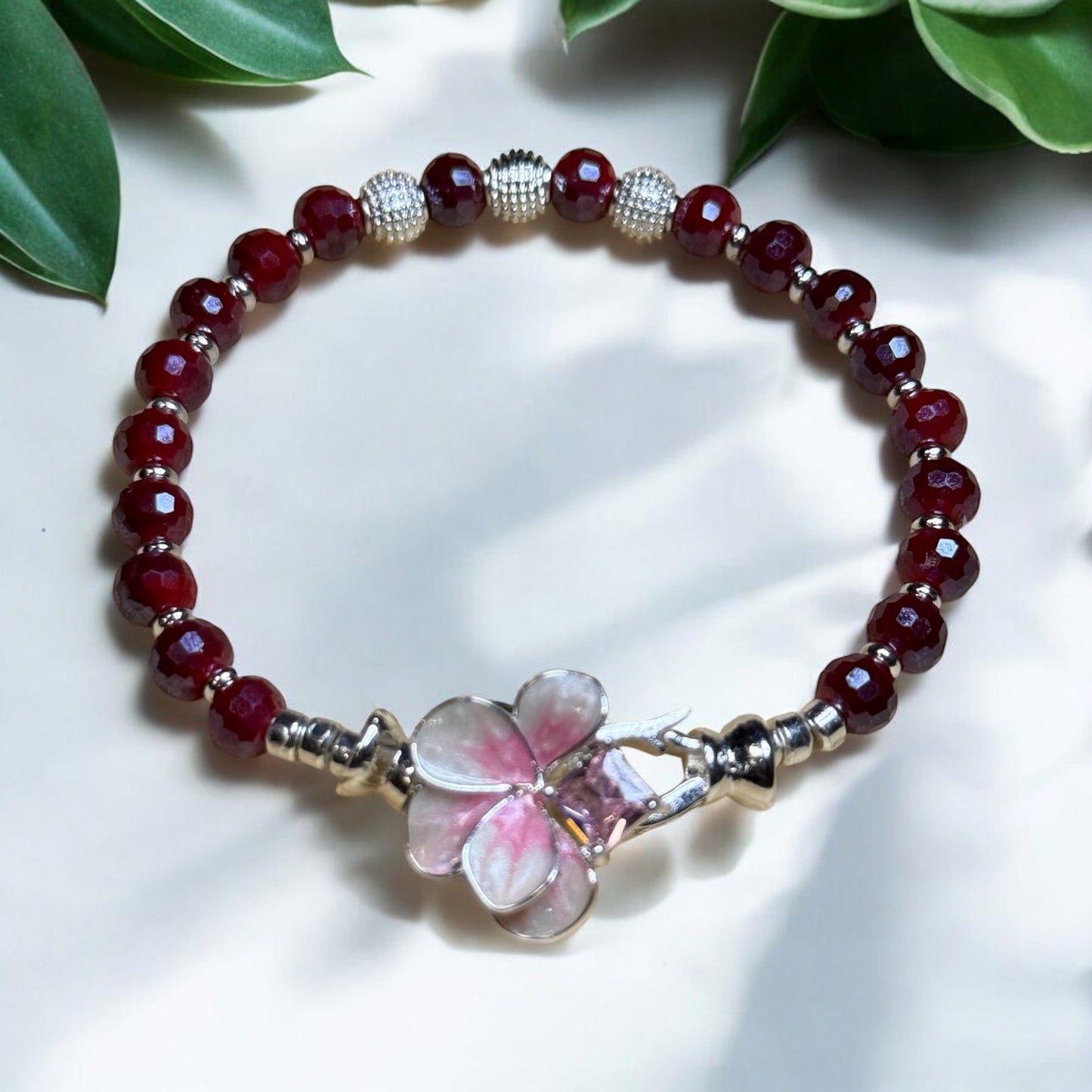 Red Bracelet with Pink Plumeria Clasp - Handcrafted, Perfect for 6.5” Wrist, Elegant & Unique Jewelry Gift