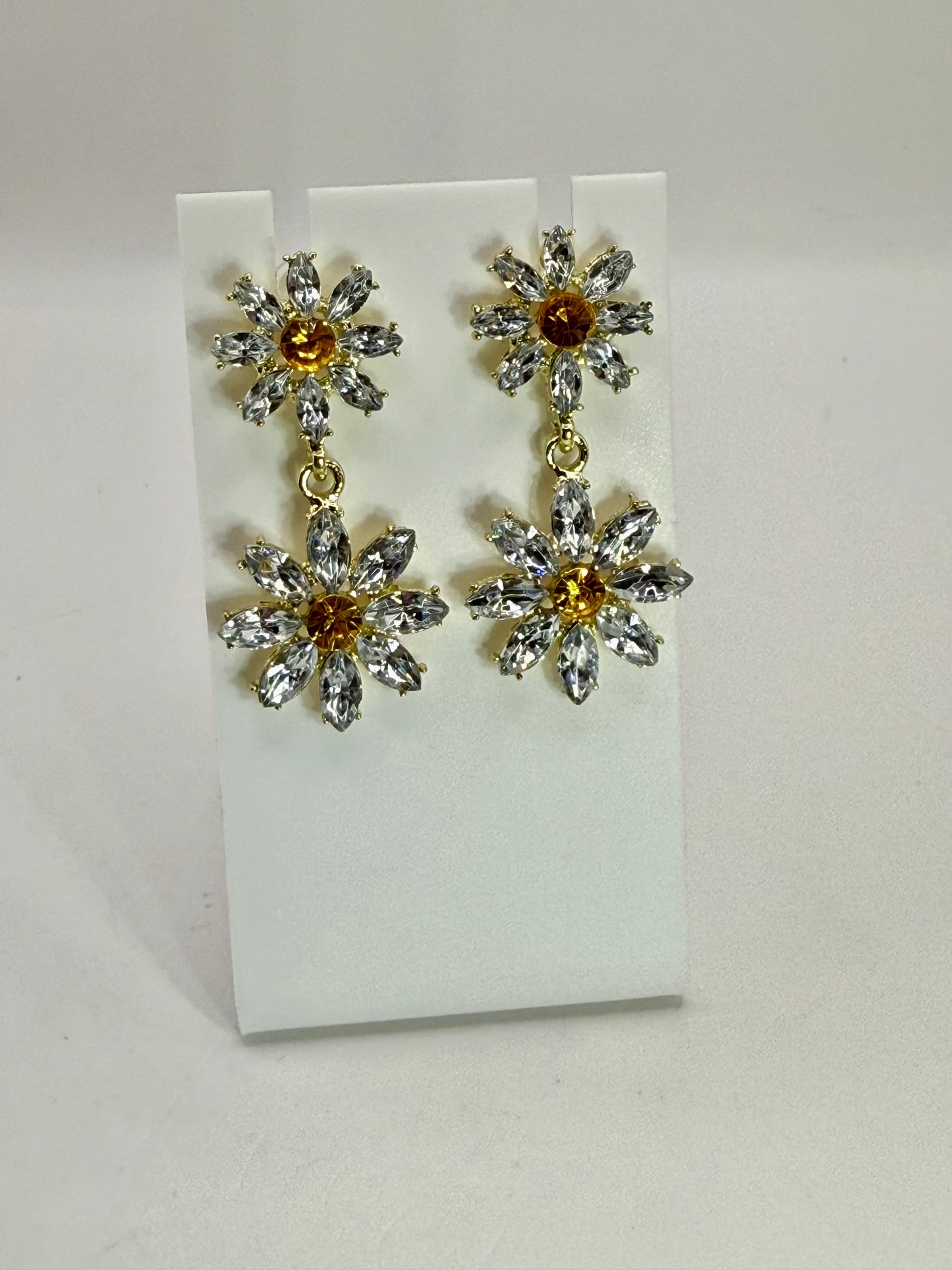 Crystal Daisy Drop Earrings – Yellow Center Flower Earrings, Sparkling Statement Jewelry