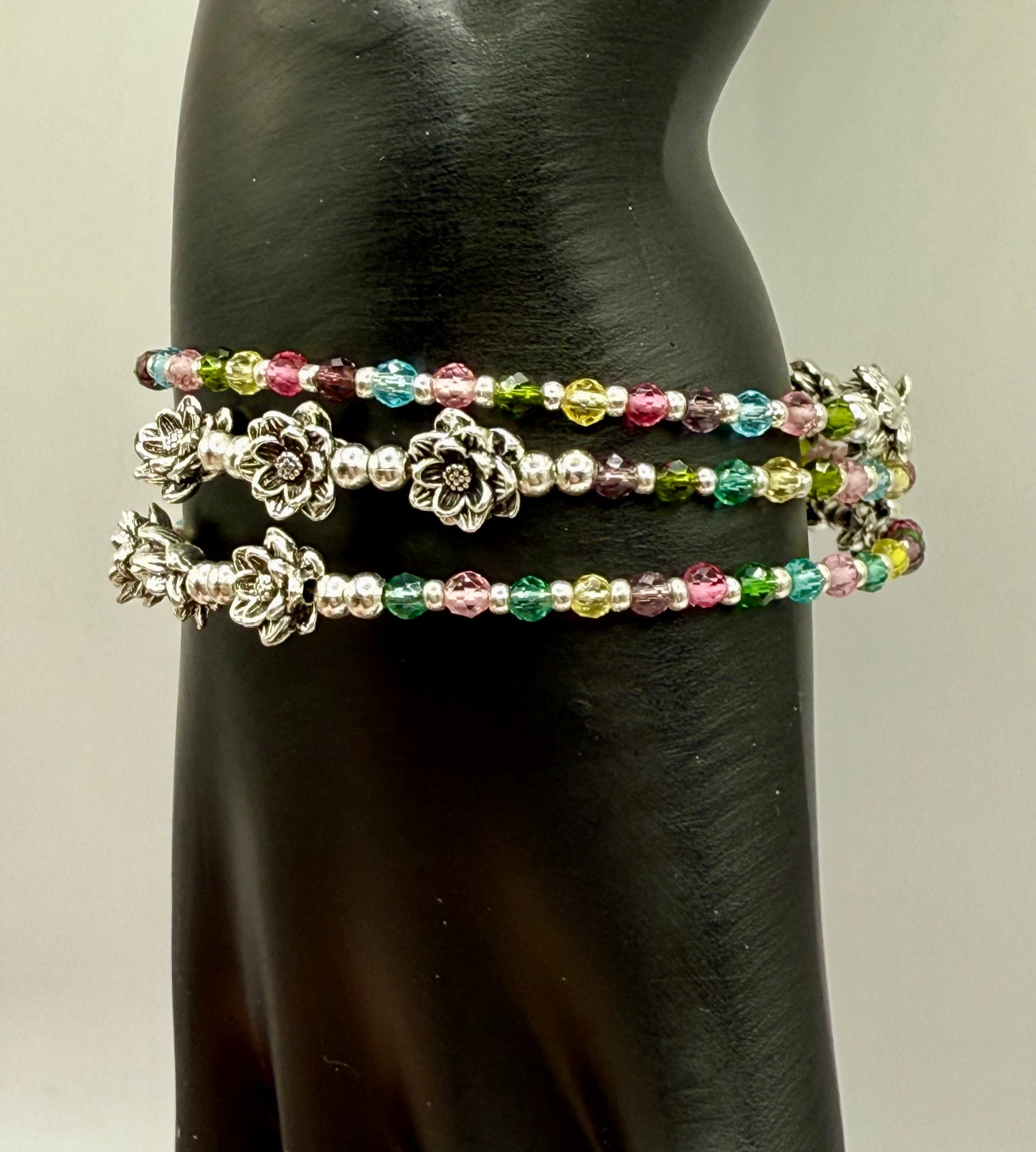 Dainty Flower Wrap Bracelet – Multi-Color Crystal Beads, Silver Floral Accents, Adjustable Memory Wire Bangle
