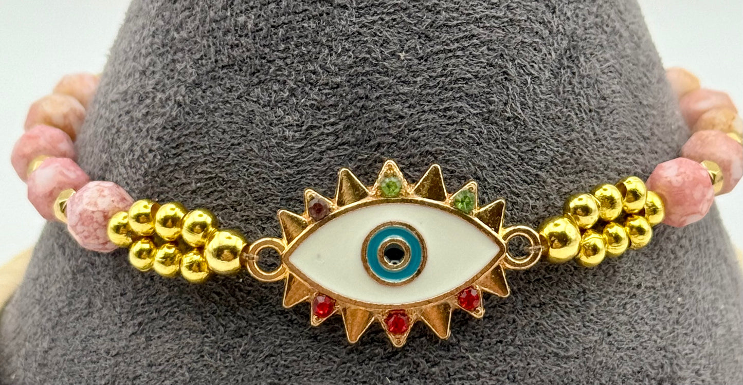 Rhodonite Evil Eye Protection Bracelet 7"