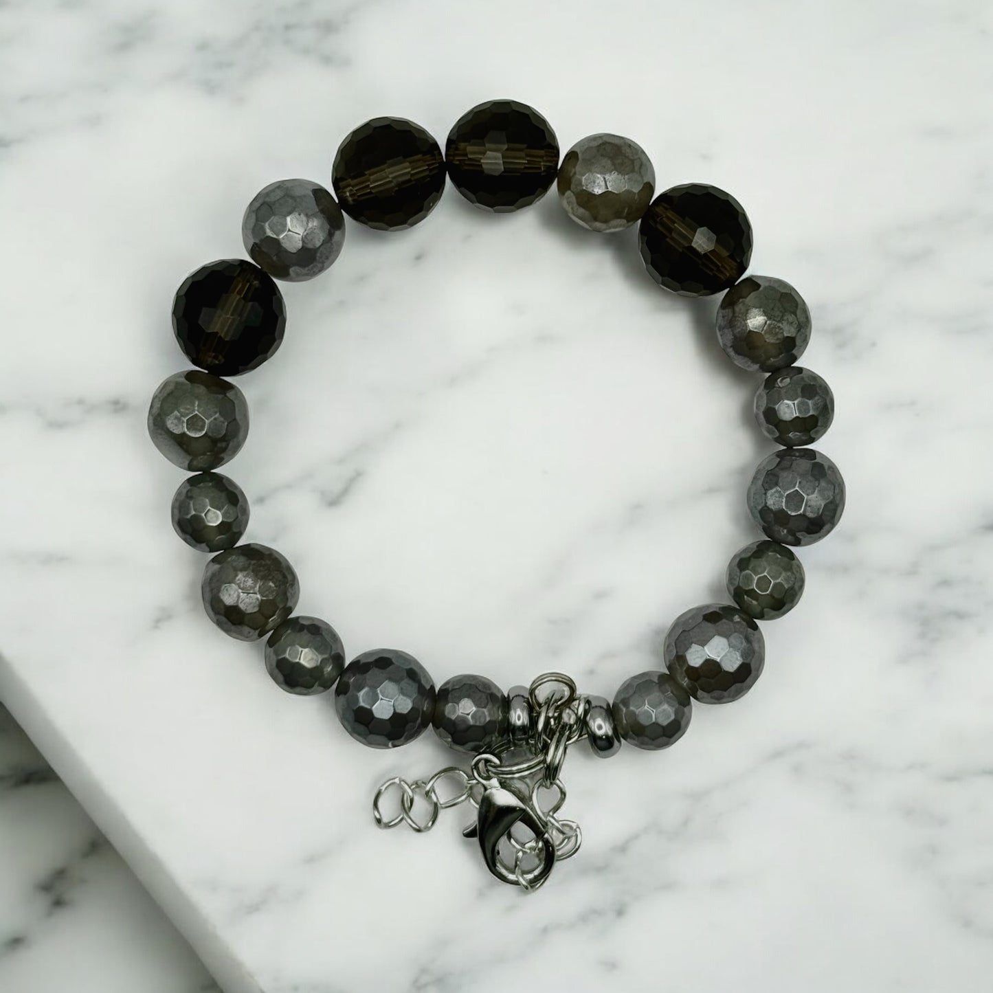 Stunning 10mm Smoky Quartz Crystal Bracelet Faceted Luster 7.5"