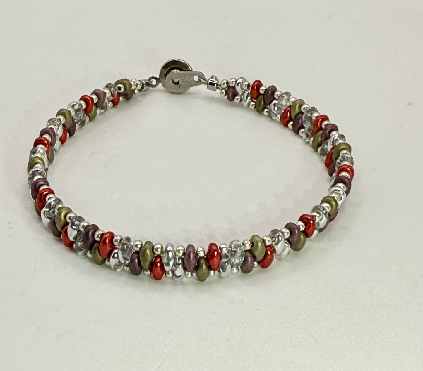 Autumn Inspired Beaded Bracelet – 8” Micro Bead Clasp – Red, Olive, Silver, Purple – Handmade Jewelry