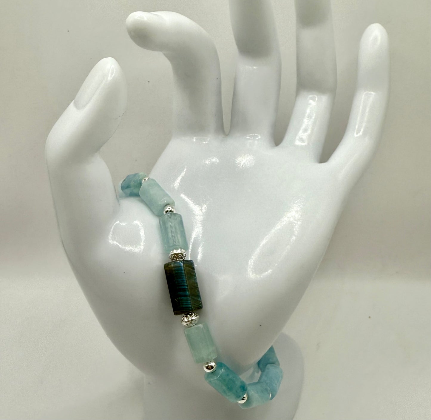 7.75” Aquamarine Bracelet with Labradorite Focal – Silver Accents, Handmade Clasp Jewelry