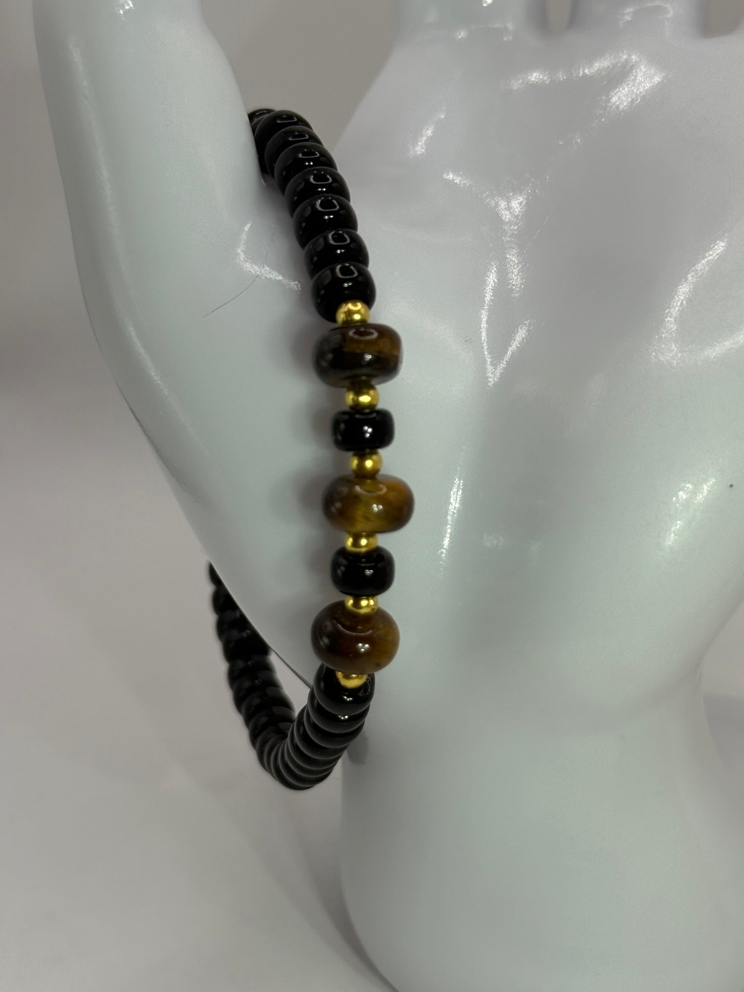 Unisex Tiger Eye & Onyx Stretch Bracelet | 7” Handmade Beaded Jewelry | Protection & Strength Gift