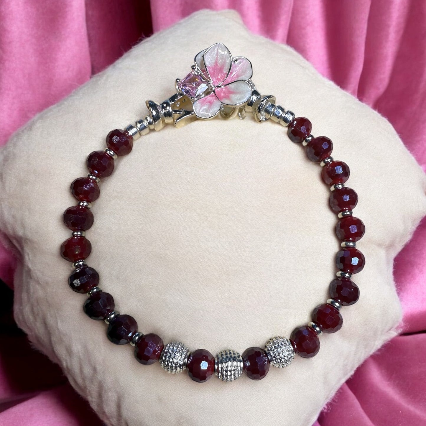 Red Bracelet with Pink Plumeria Clasp - Handcrafted, Perfect for 6.5” Wrist, Elegant & Unique Jewelry Gift