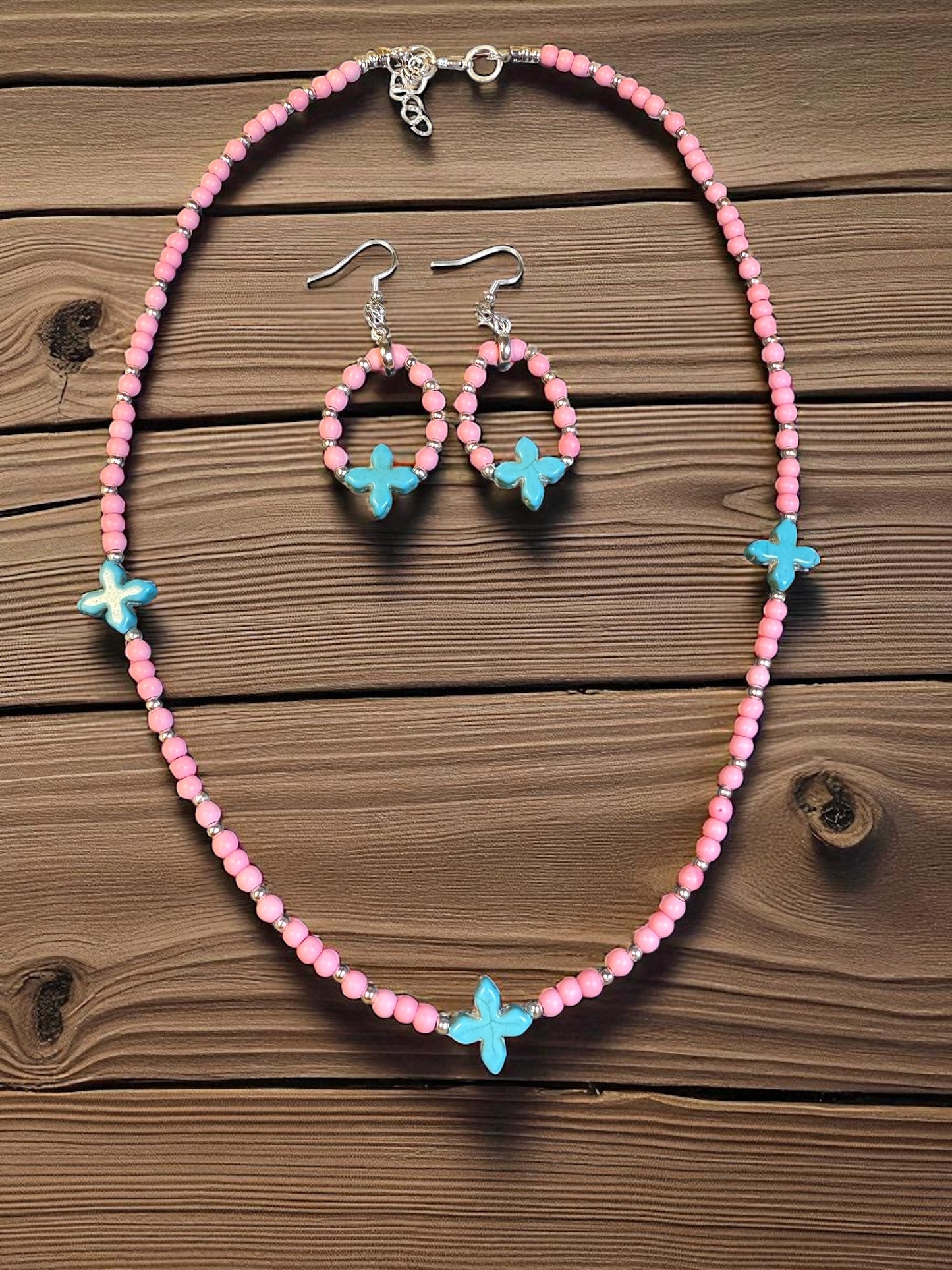 Pink Howlite Beaded Necklace with Turquoise Crosses + Free Matching Earrings | Handmade Boho Jewelry Set