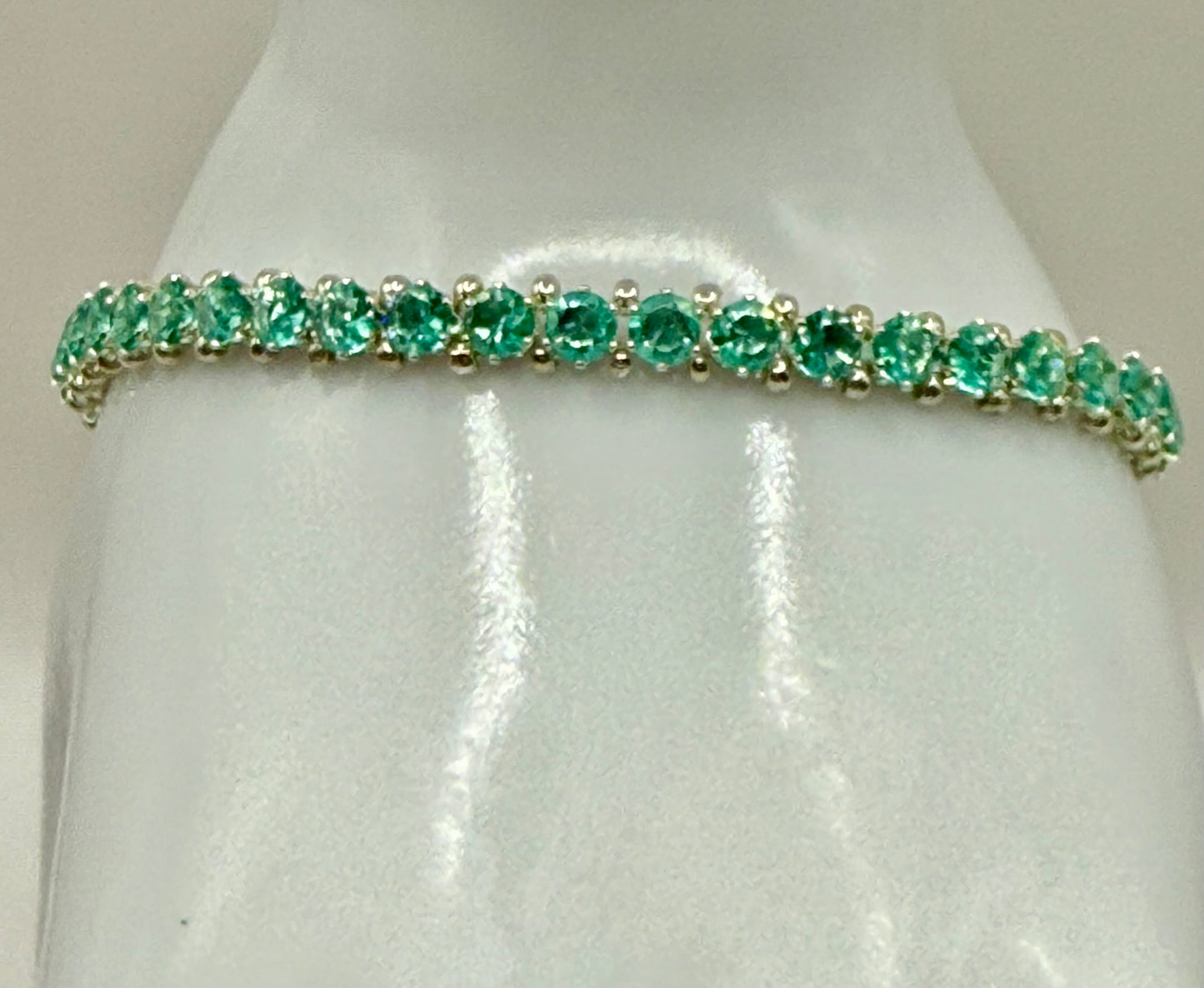 Elegant 7.25” Silver Tennis Bracelet with Green Crystal Accents – Dainty Handmade Jewelry