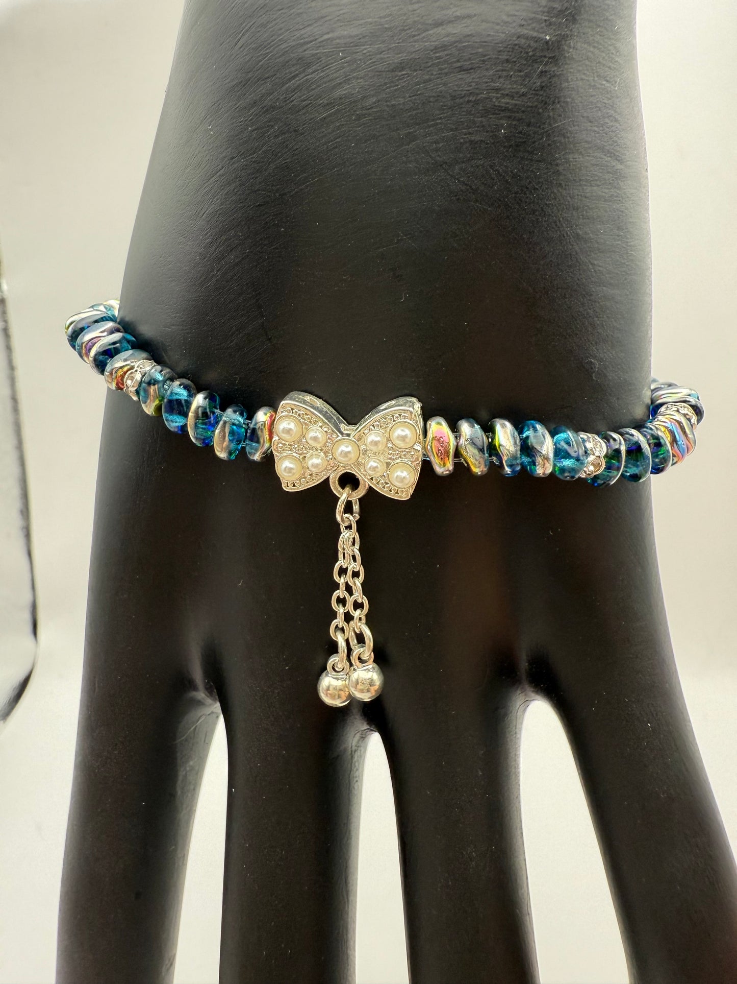 Blue and Green Vitrail Style Bracelet with Pearlescent Bow Focal 7.5"-8"