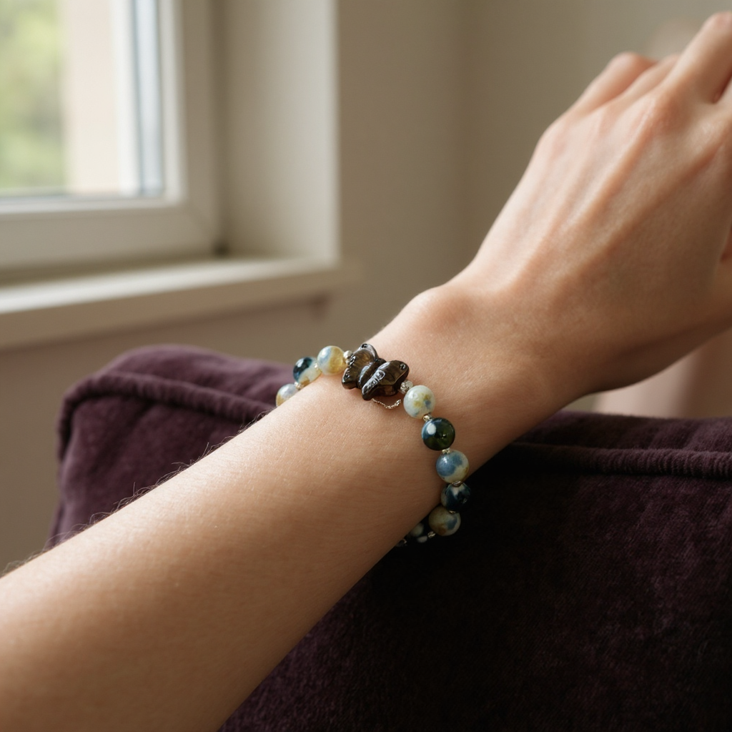 Orca Agate Bracelet with Smoky Quartz Butterfly Focal – 7” Clasp – Natural Gemstone Jewelry