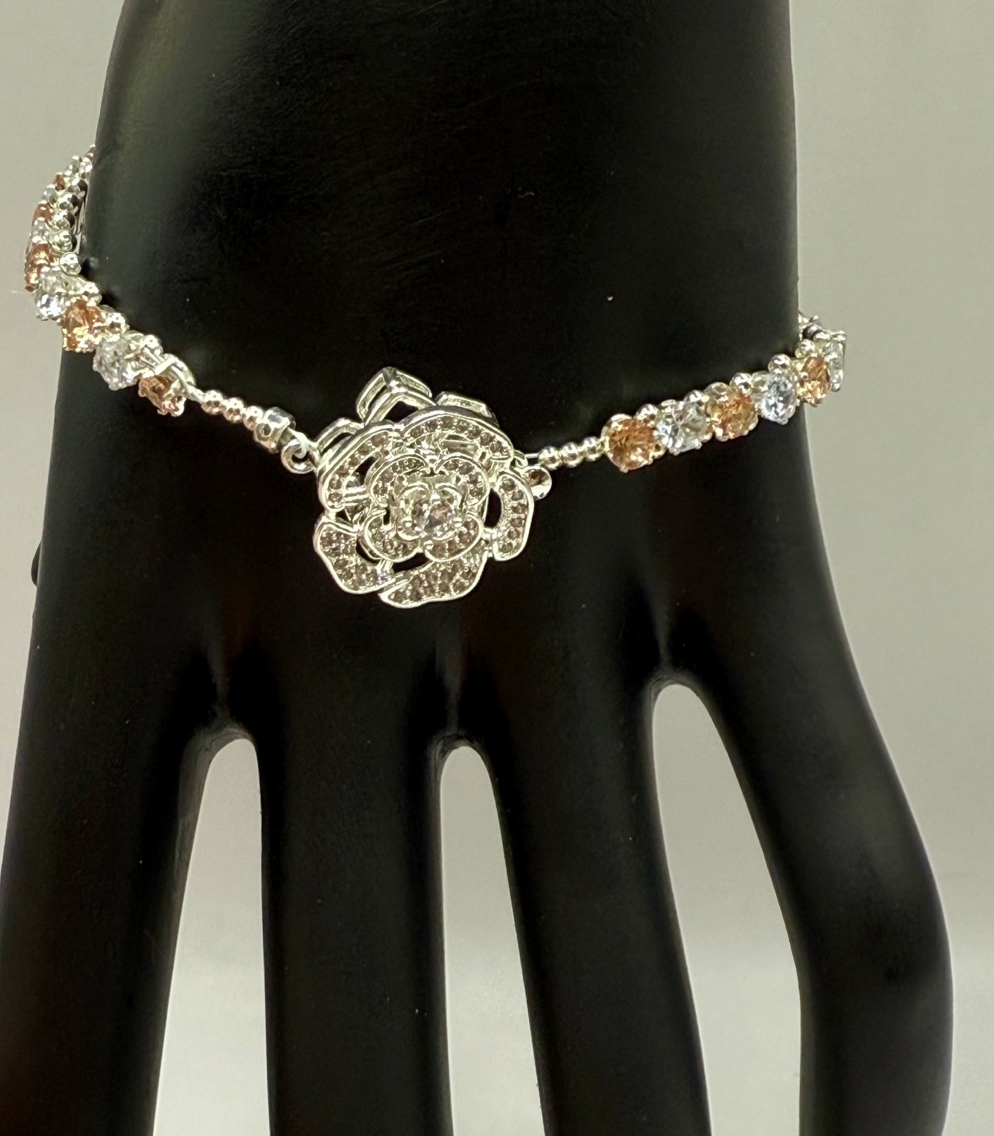 7” Rhinestone Bracelet with Spinner Rose Focal – Elegant Two-Tone CZ Crystal Jewelry