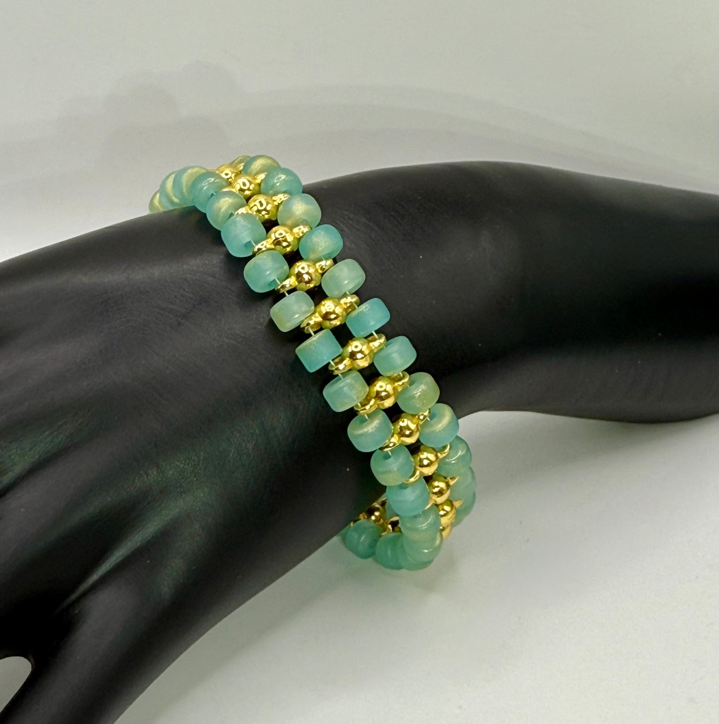 Aqua Blue and Gold Beaded Bracelet – 8” Handmade Glass Bead Bracelet with Gold Accents – Elegant Statement Jewelry