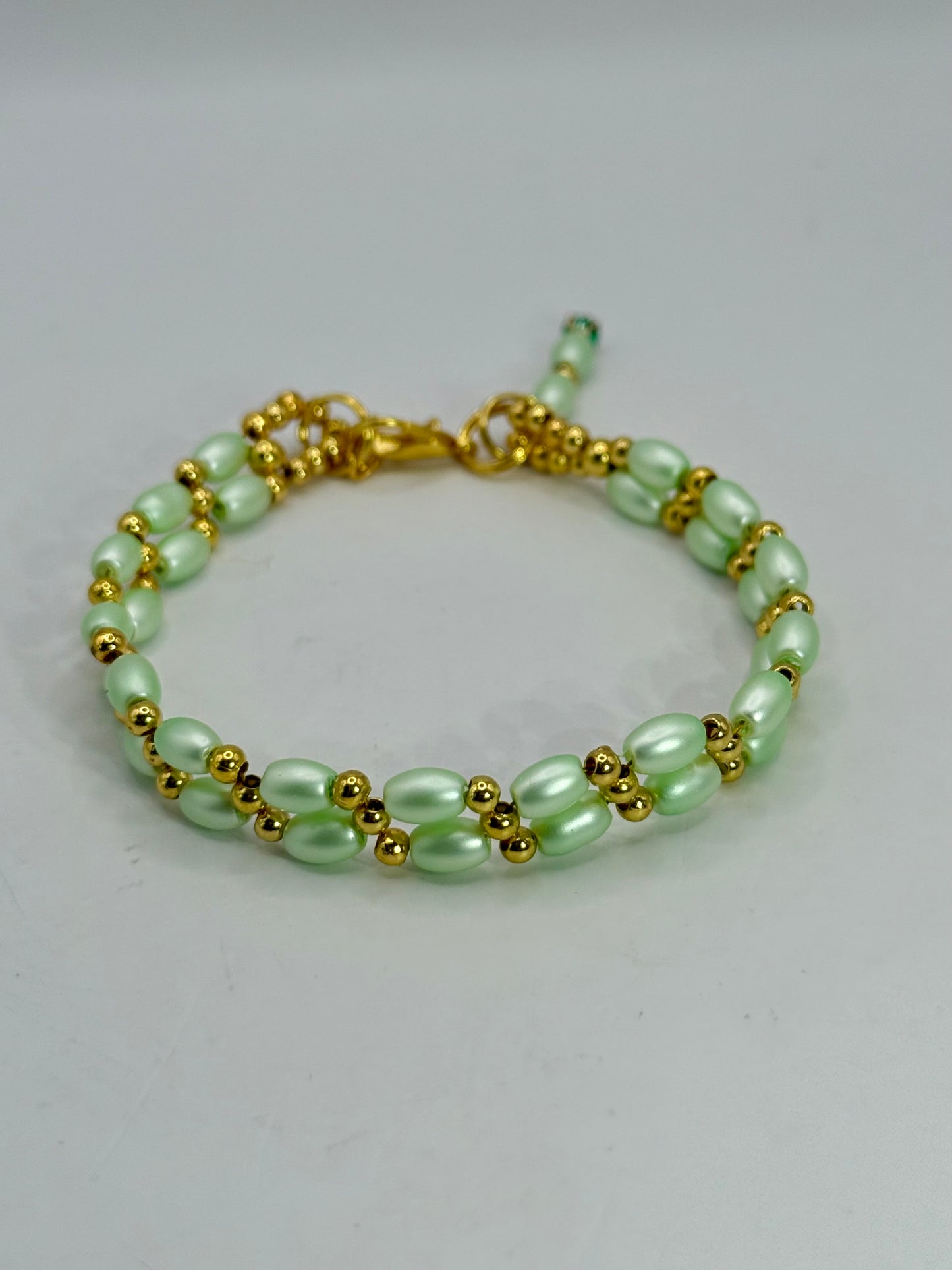7.5” Double Banded Rice Bead Bracelet with Gold Accents | Mint Green Beaded Jewelry | Handmade Adjustable Bracelet