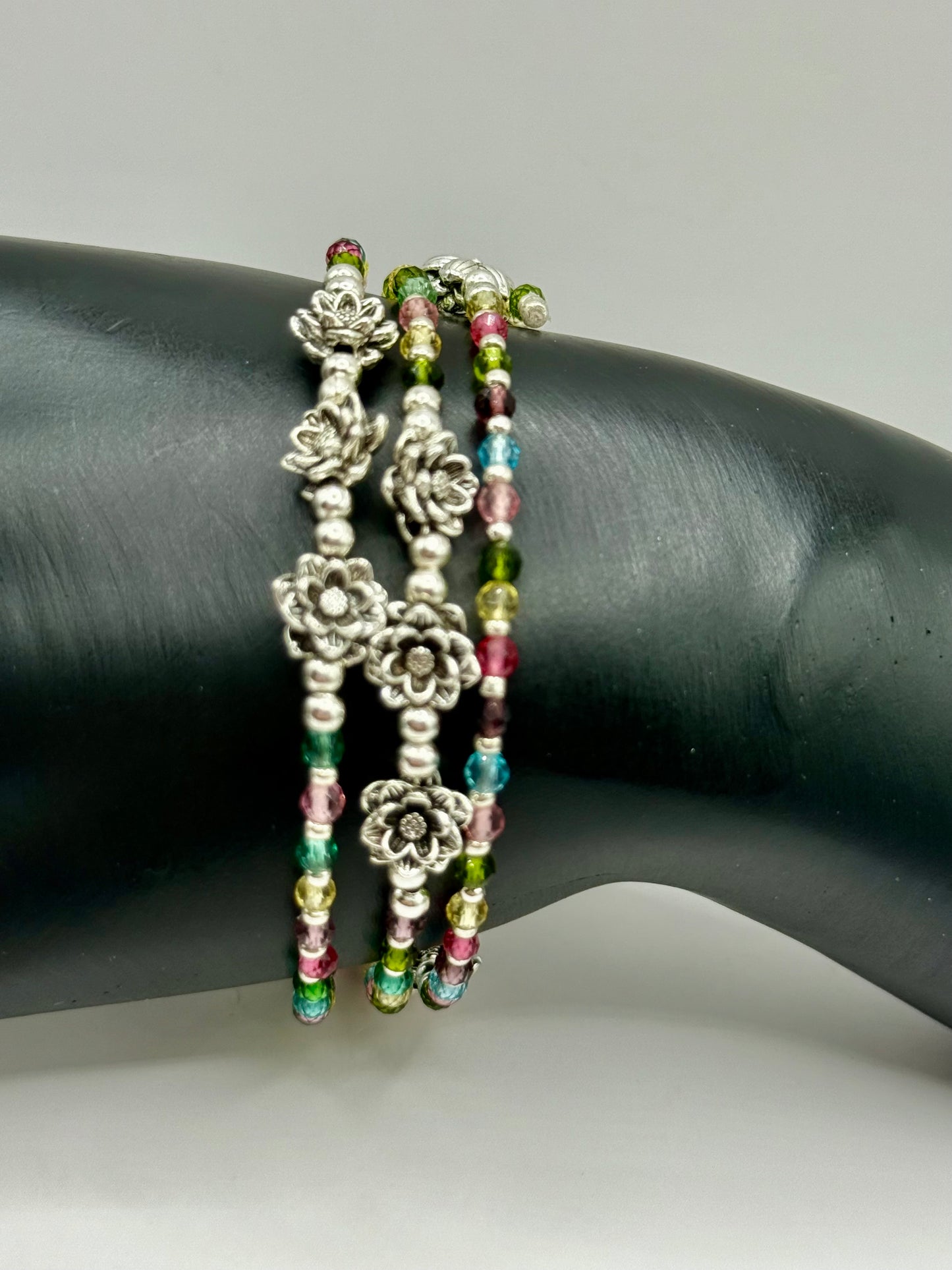 Dainty Flower Wrap Bracelet – Multi-Color Crystal Beads, Silver Floral Accents, Adjustable Memory Wire Bangle