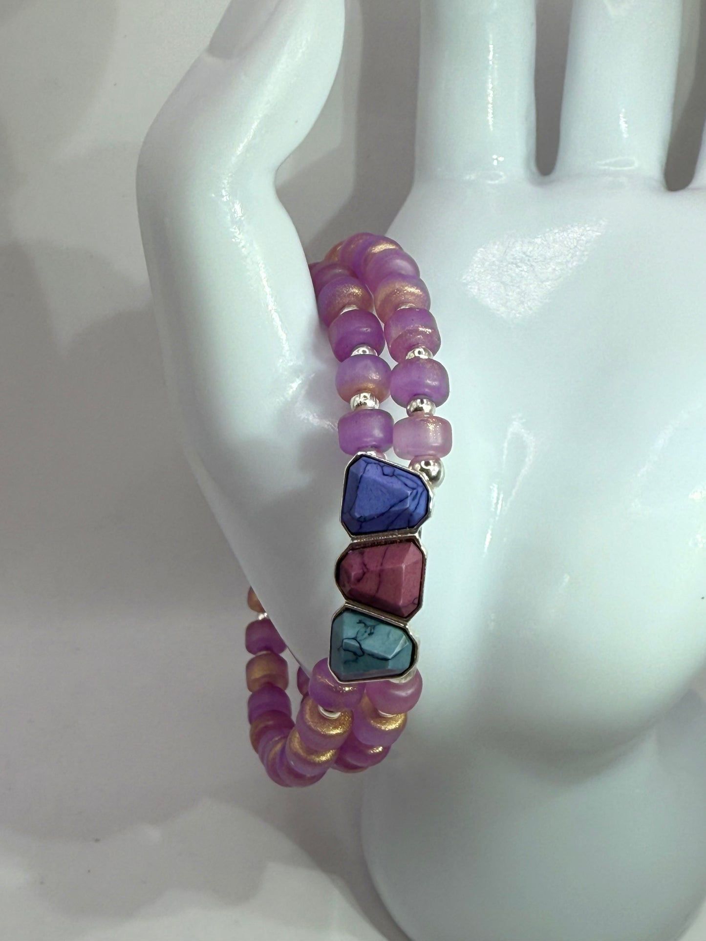 8” Double Banded Beaded Bracelet with Multi-Color Gemstone Focal | Purple Gold Beads | Handmade Jewelry | Free Resizing
