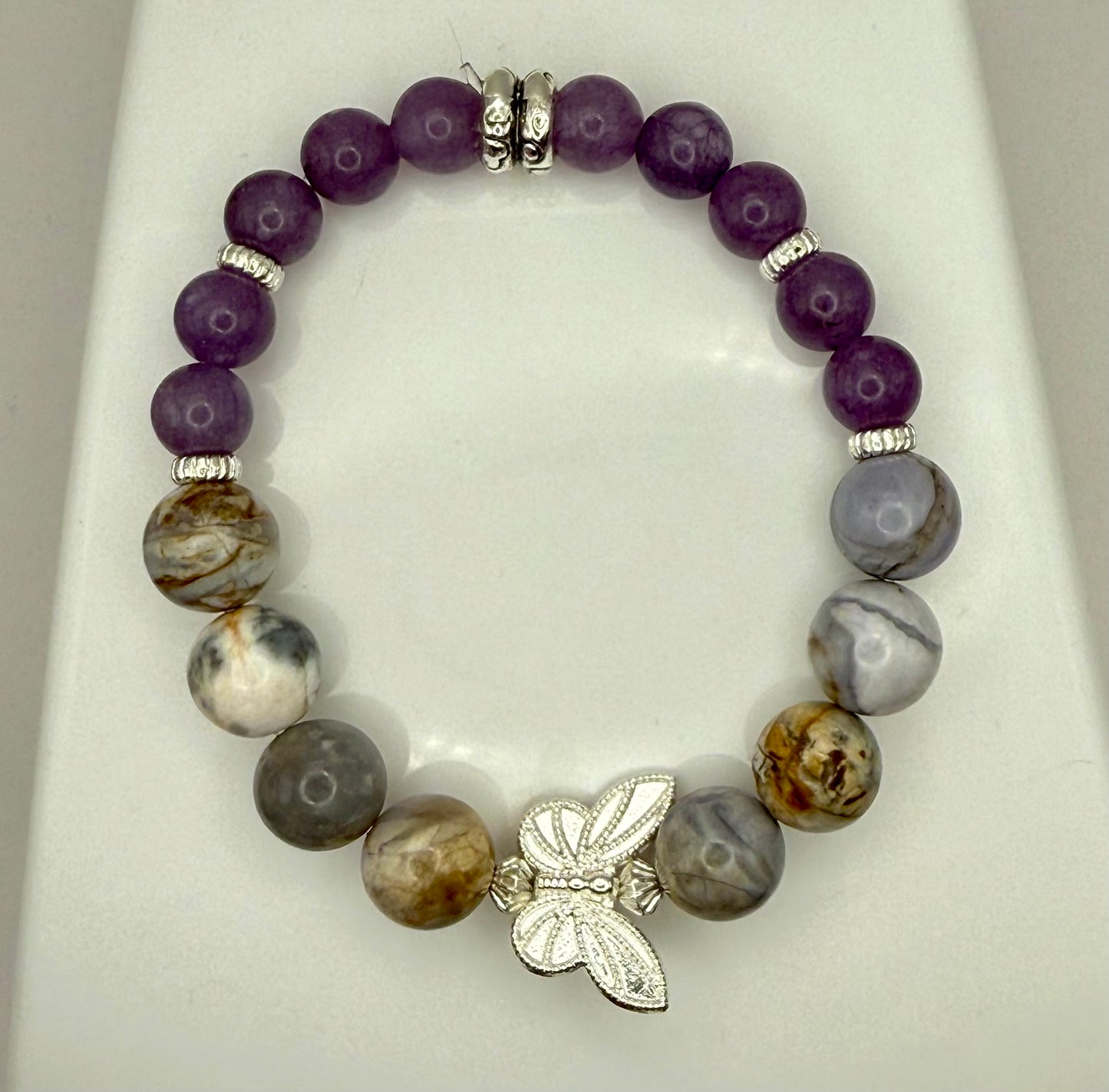Amethyst Agate and Amethyst Butterfly Bracelets 7.5" Wired and Stretch