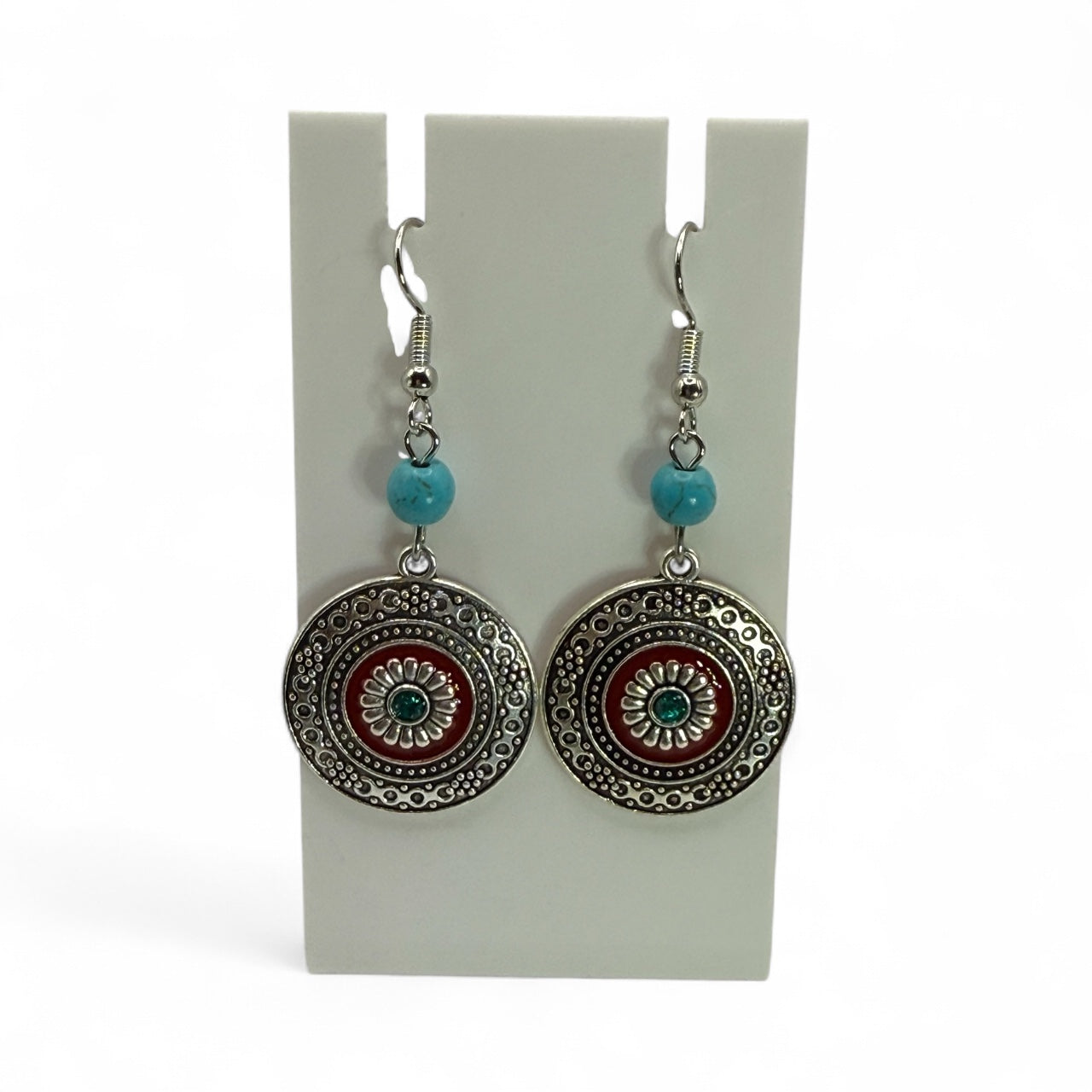 Turquoise Bead and Silver Mandala Earrings – Boho Western Dangle Jewelry