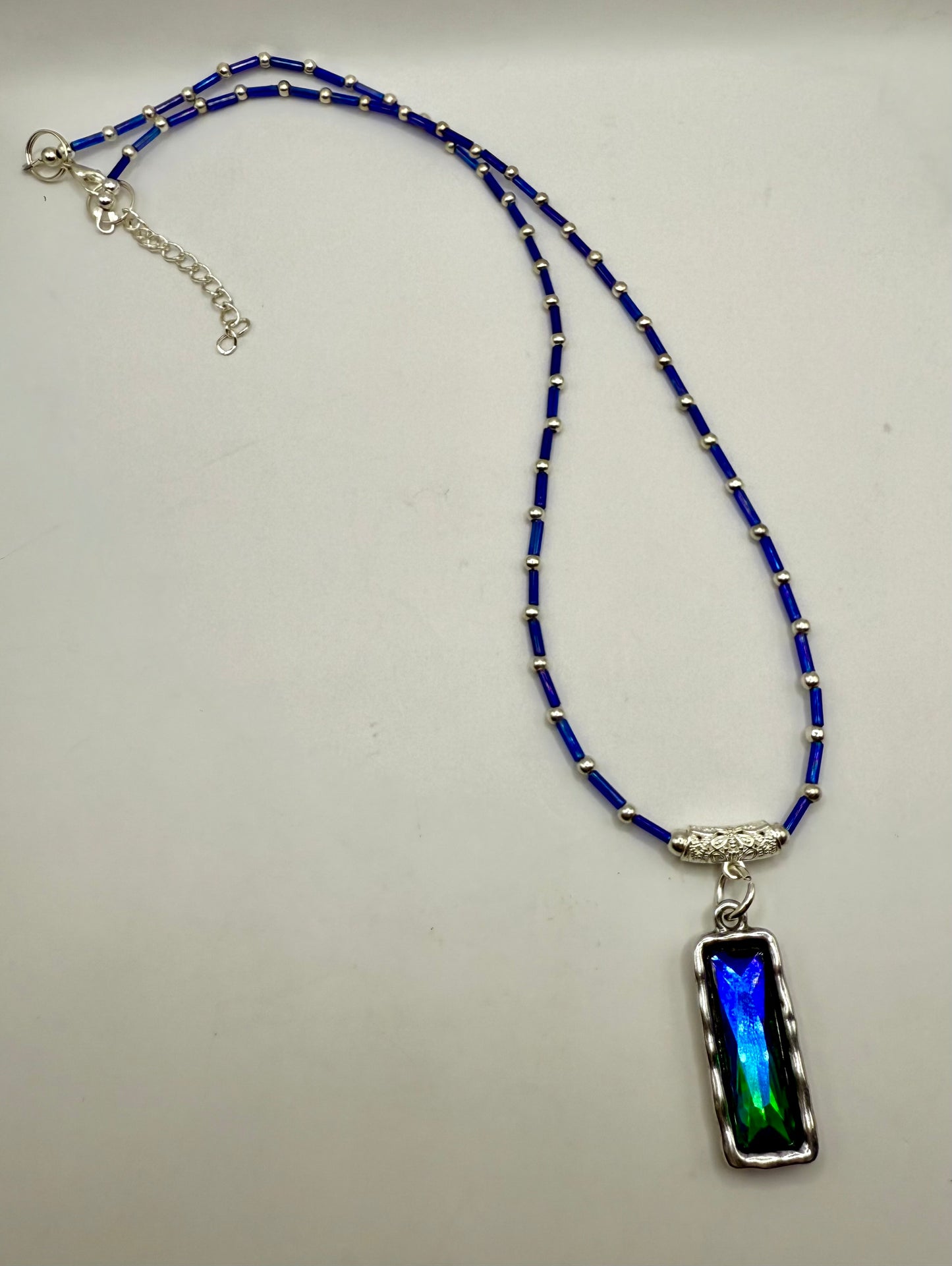 22” Blue Beaded Pendant Necklace with Green & Blue Rectangle Crystal | Handmade Boho Jewelry | Statement Necklace Gift for Her