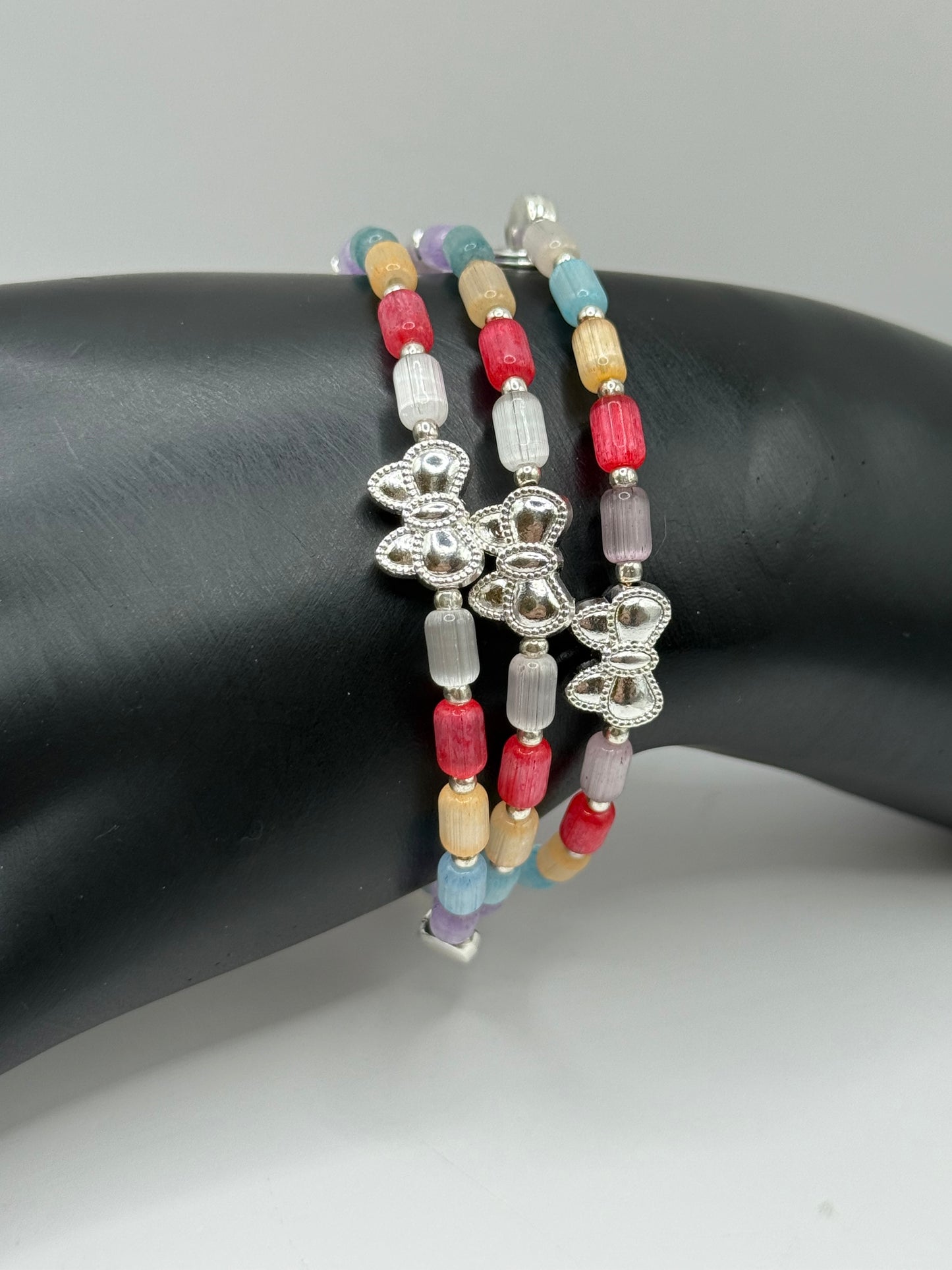 Colorful Cat Eye Beaded Wrap Bracelet with Silver Butterfly Charms | Adjustable Fit | Handmade Jewelry Gift