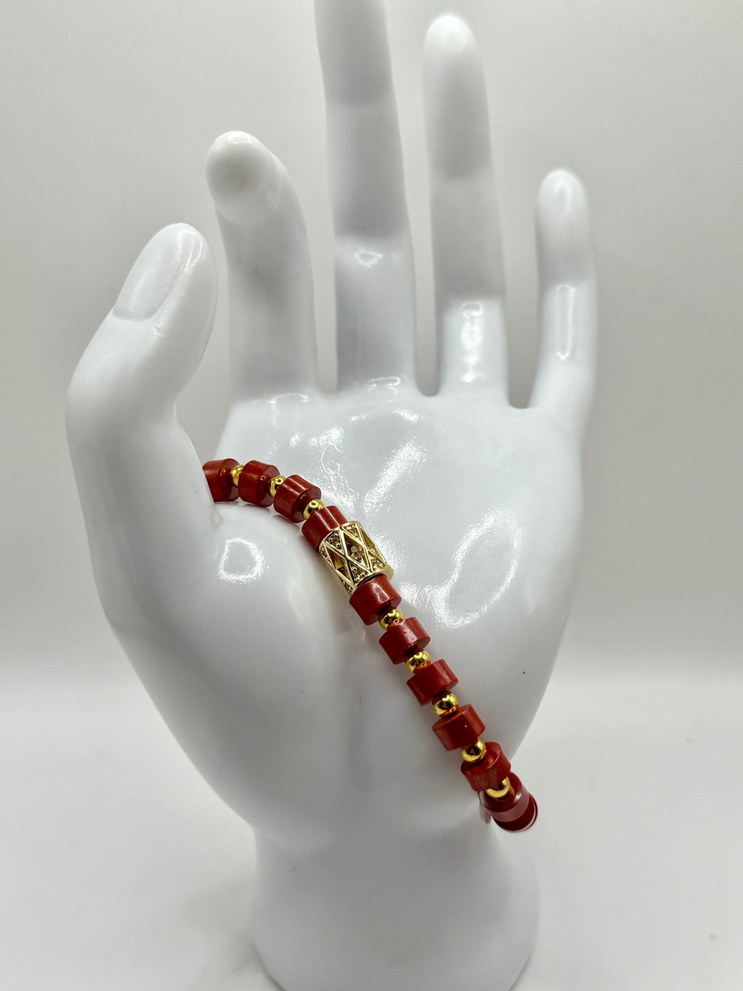 8” Cinnabar Stretch Bracelet with Yellow Floral Focal – Handmade, Free Resizing Available