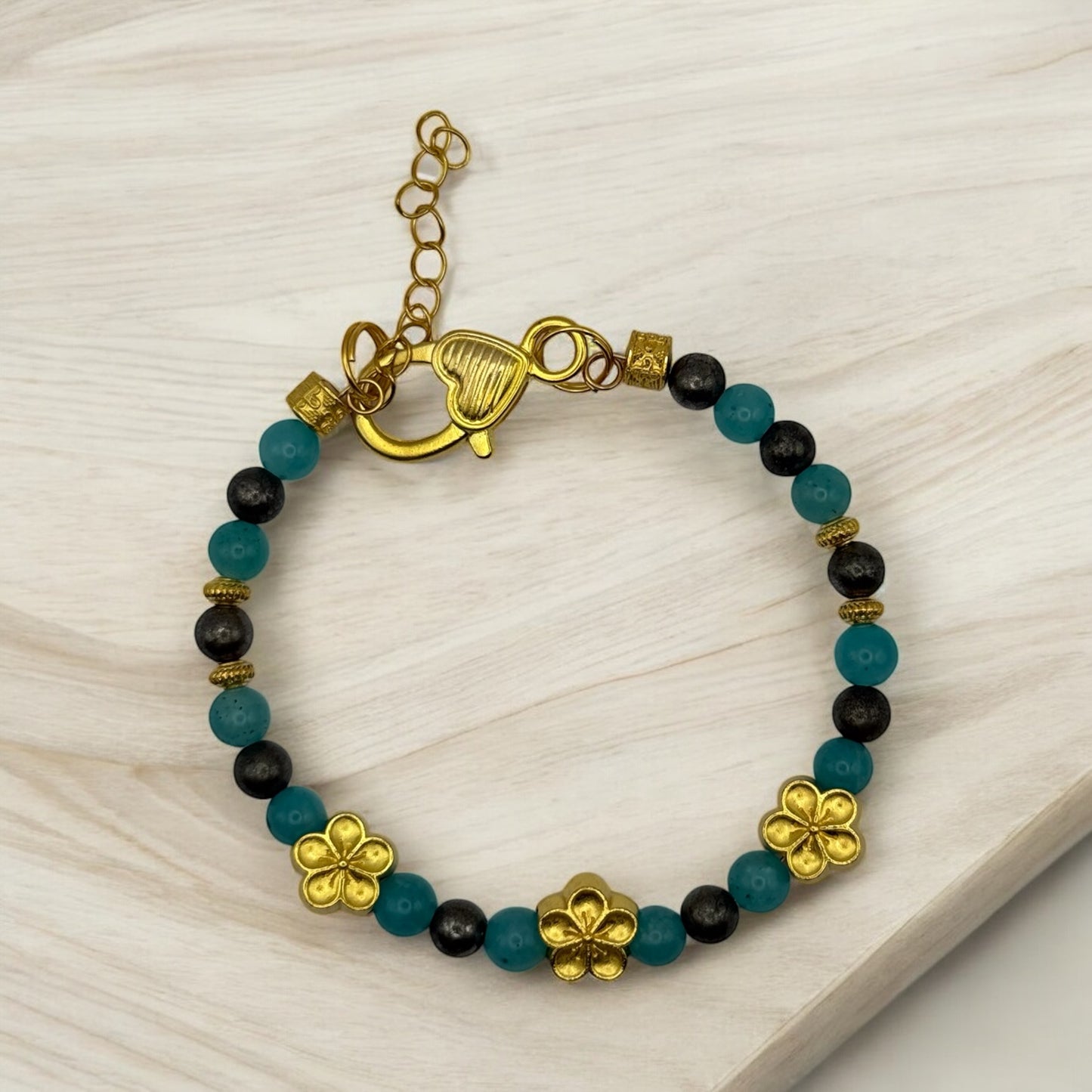 Amazonite and Pyrite Bracelet with golden flower accents 7.5"