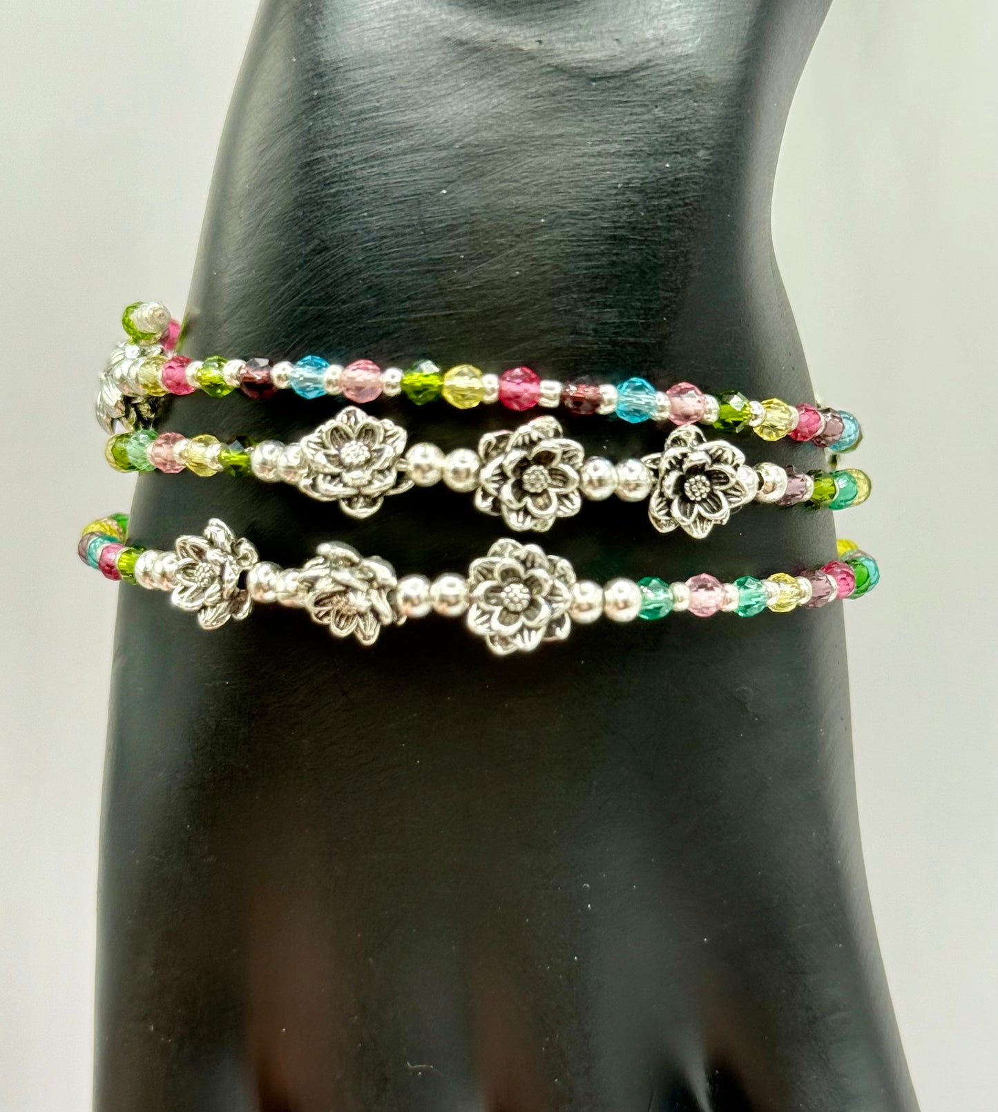 Dainty Flower Wrap Bracelet – Multi-Color Crystal Beads, Silver Floral Accents, Adjustable Memory Wire Bangle
