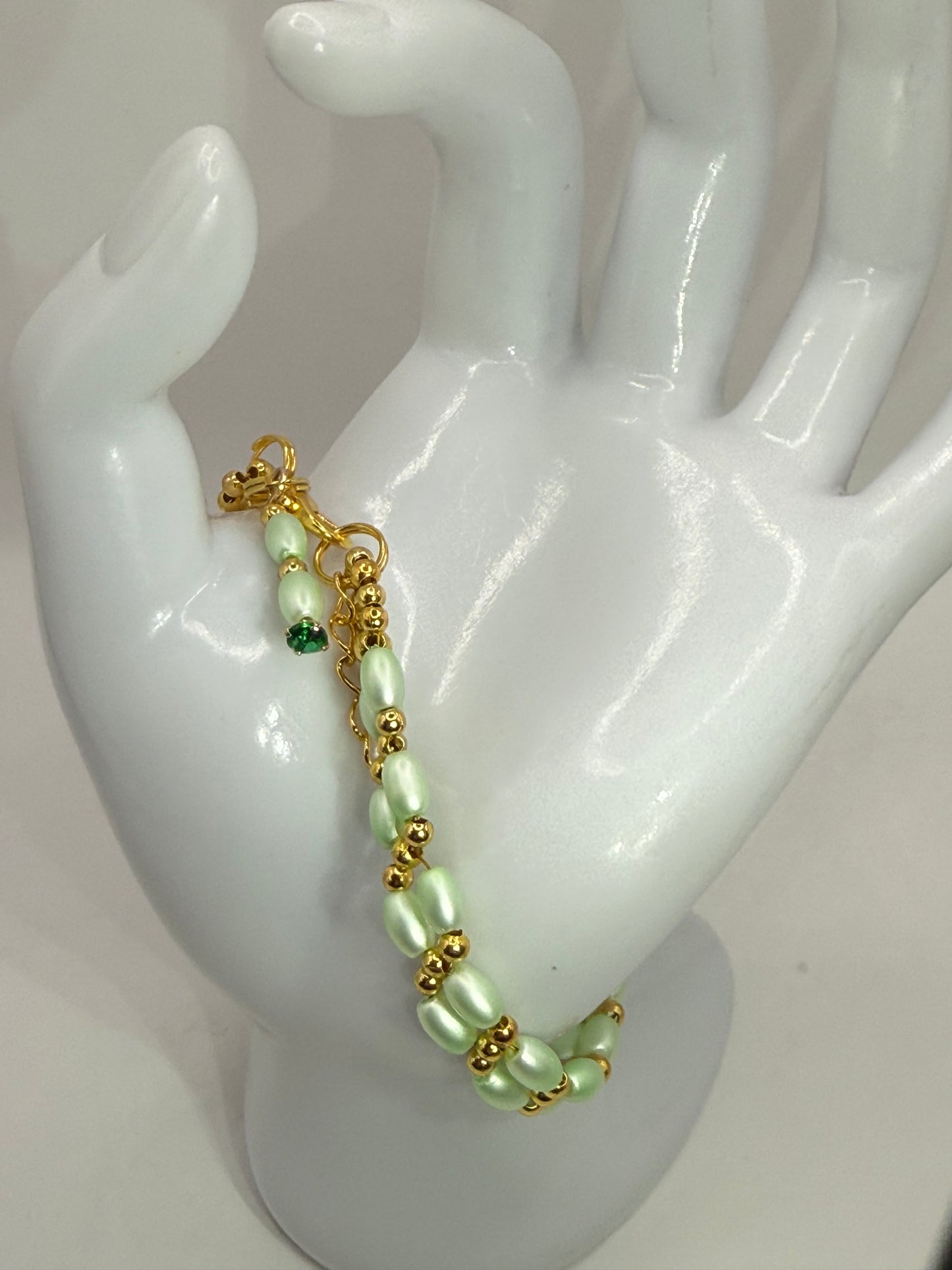 7.5” Double Banded Rice Bead Bracelet with Gold Accents | Mint Green Beaded Jewelry | Handmade Adjustable Bracelet