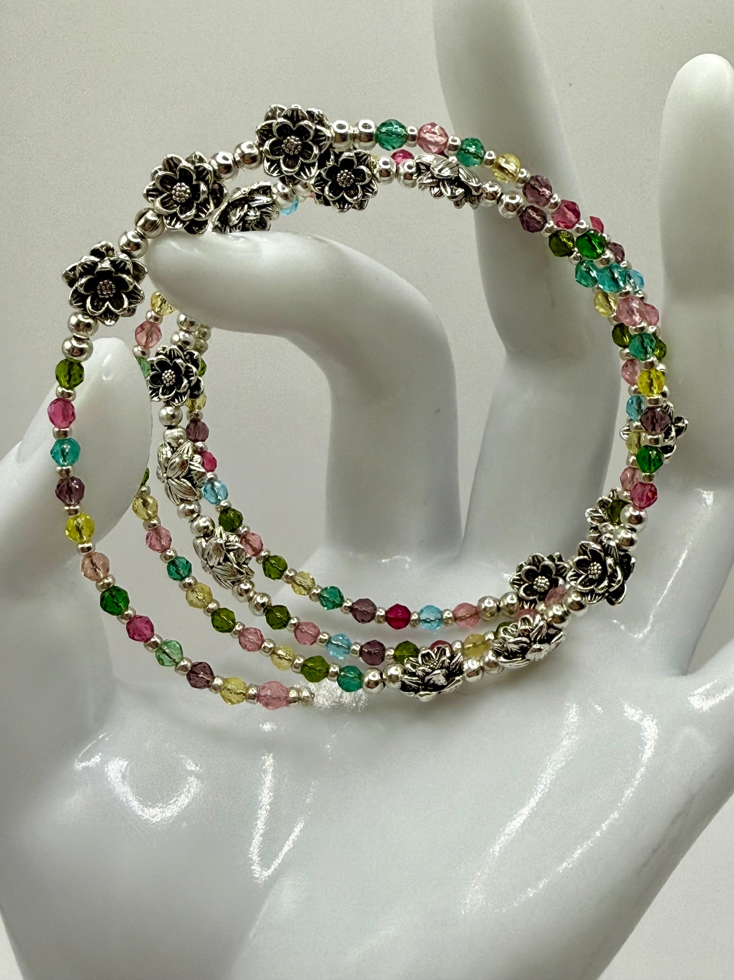 Dainty Flower Wrap Bracelet – Multi-Color Crystal Beads, Silver Floral Accents, Adjustable Memory Wire Bangle