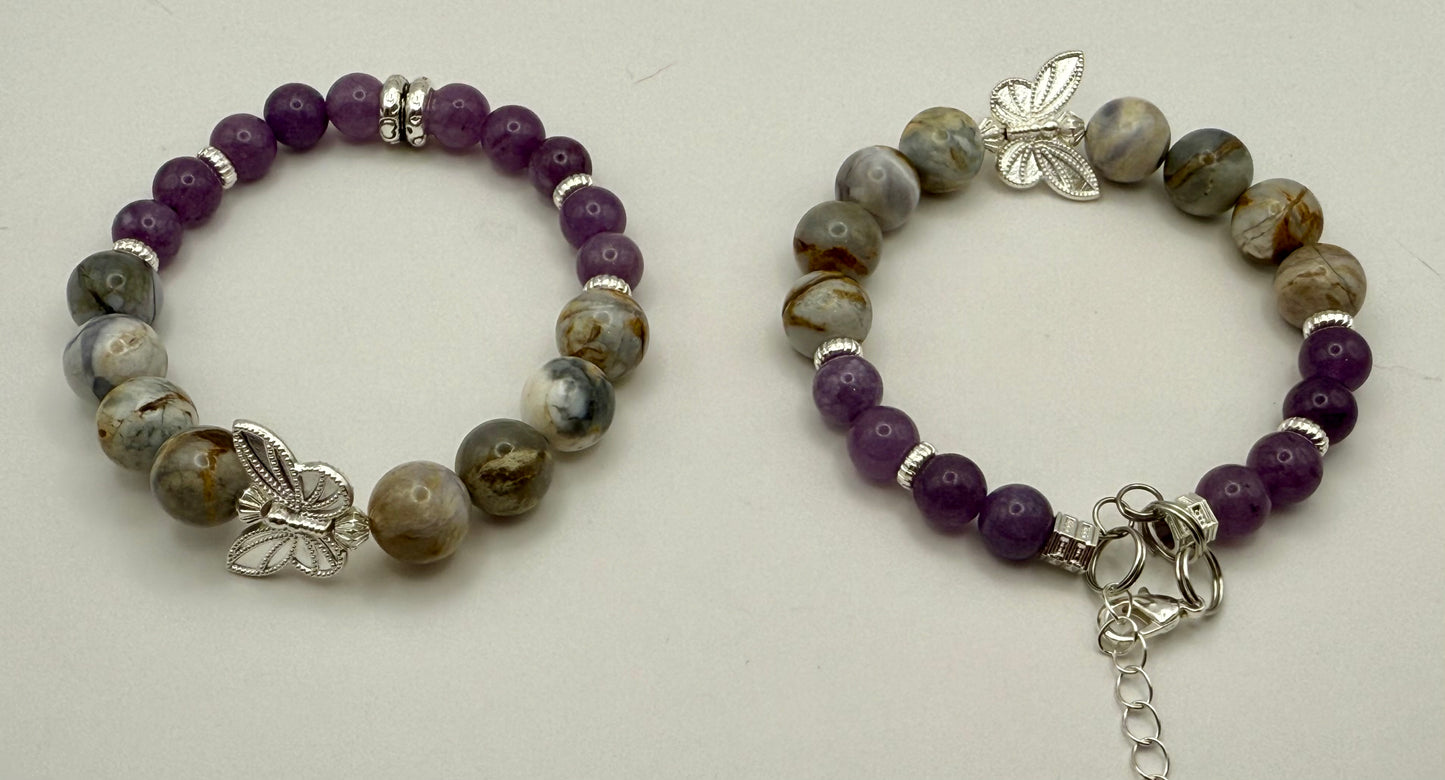Amethyst Agate and Amethyst Butterfly Bracelets 7.5" Wired and Stretch