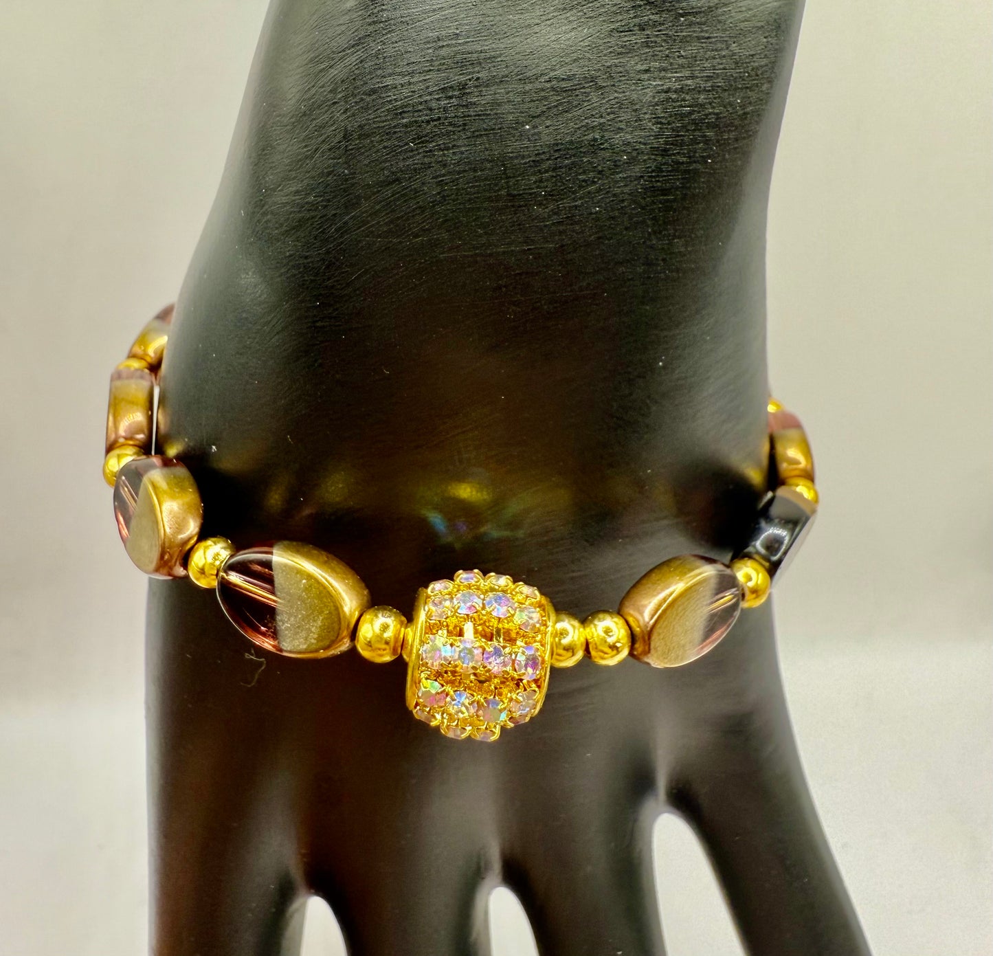 7.5” Gold and Purple Glass Bead Bracelet with Crystal Focal – Handmade Elegant Jewelry Gift