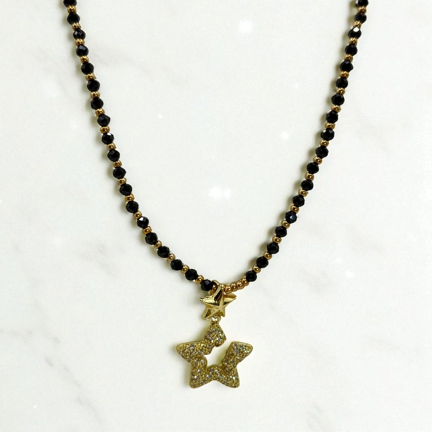 Black & Gold Star Necklace Set – 18” Necklace, 7.5” Bracelet & Free Earrings | Handmade Beaded Jewelry Gift for Her