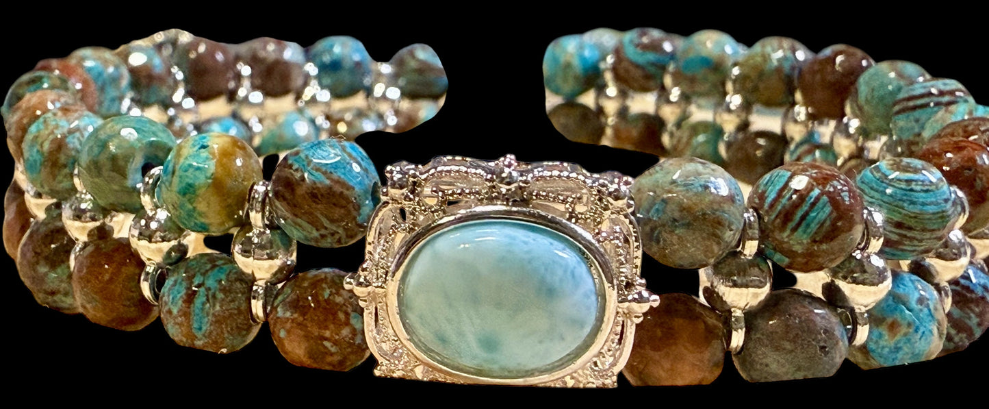 Desert Jasper with Larimar Focal stretch bracelet 7.5"