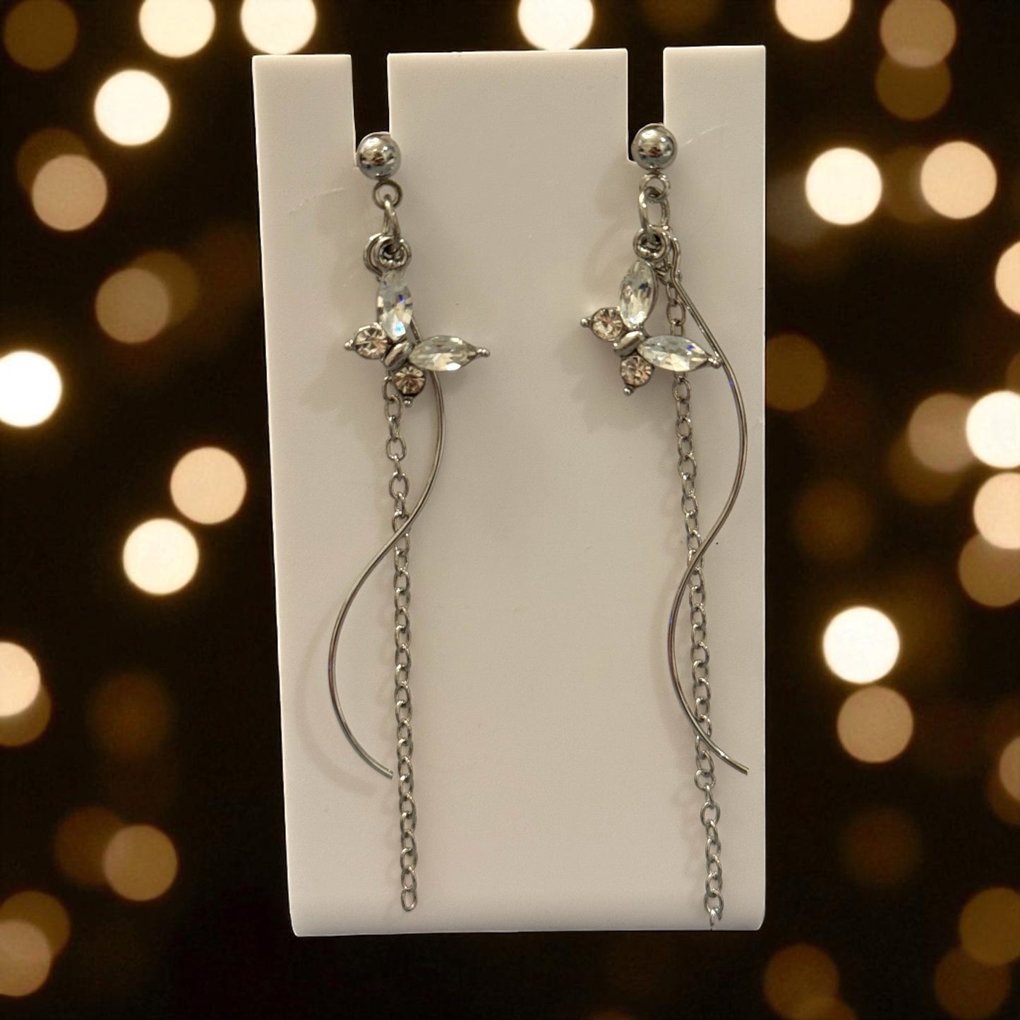 Crystal Butterfly Dangle Earrings – Long Silver Chain Drop Earrings – Elegant Statement Jewelry Gift for Her