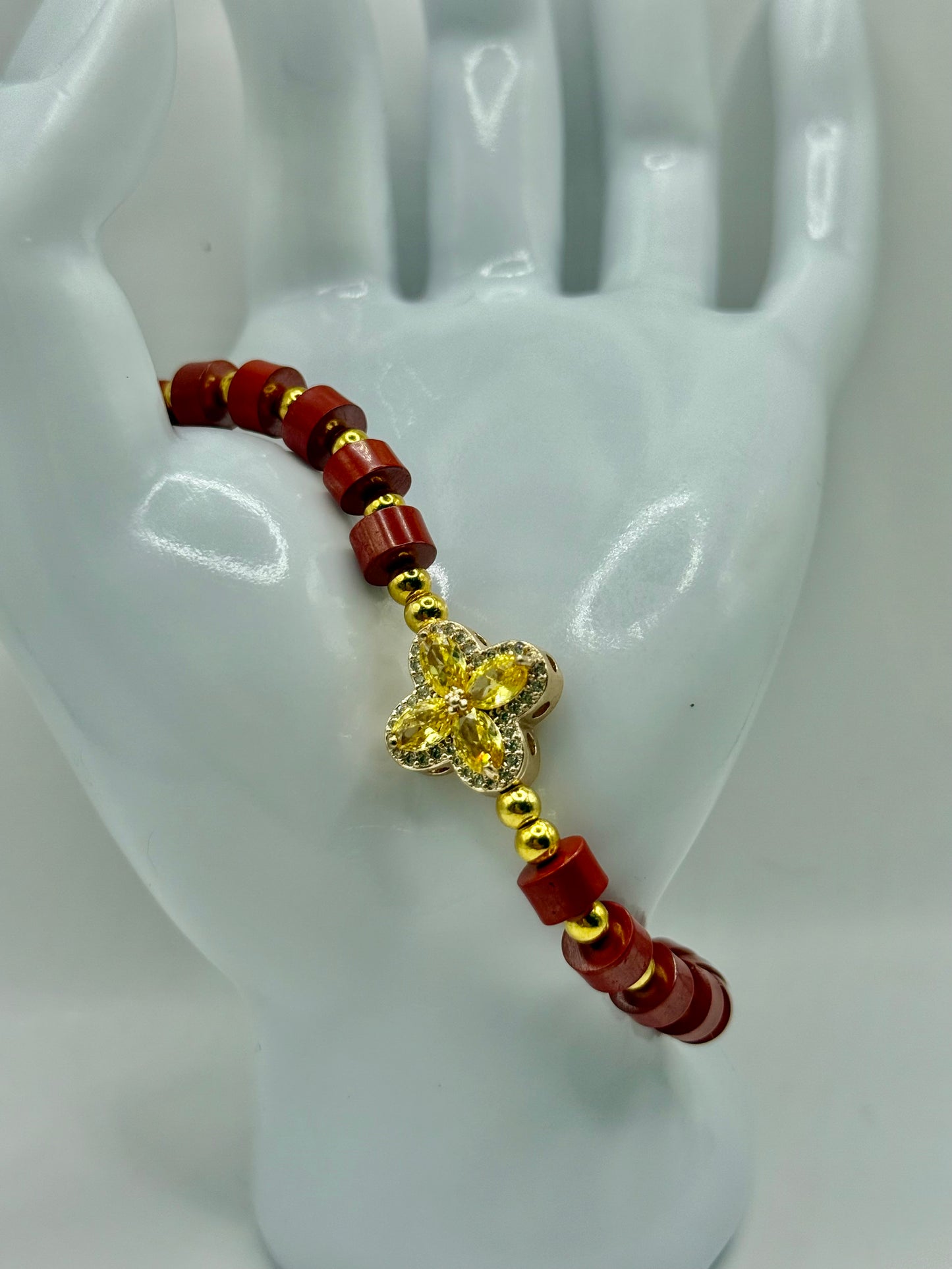 8” Cinnabar Stretch Bracelet with Yellow Floral Focal – Handmade, Free Resizing Available