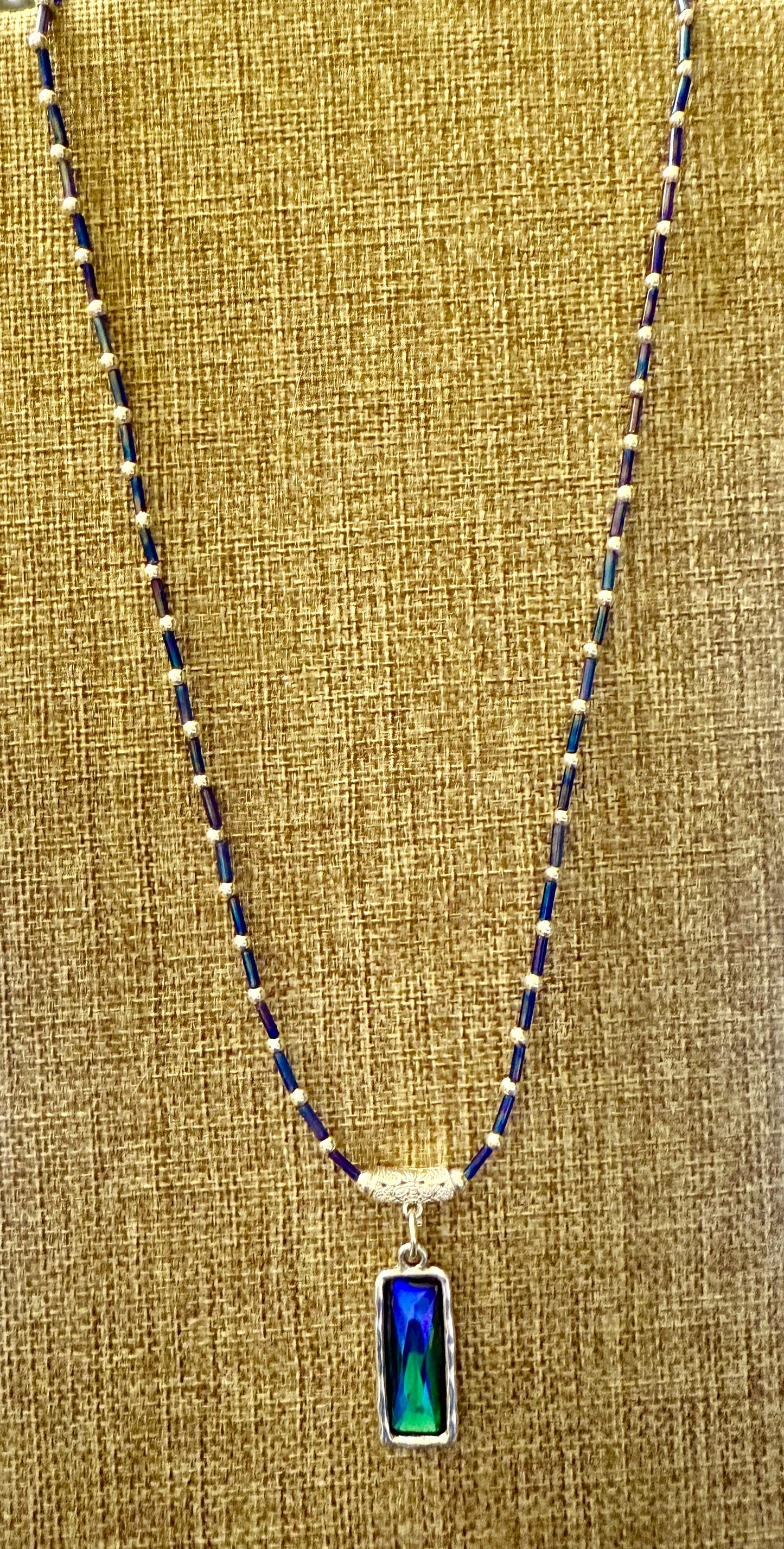 22” Blue Beaded Pendant Necklace with Green & Blue Rectangle Crystal | Handmade Boho Jewelry | Statement Necklace Gift for Her