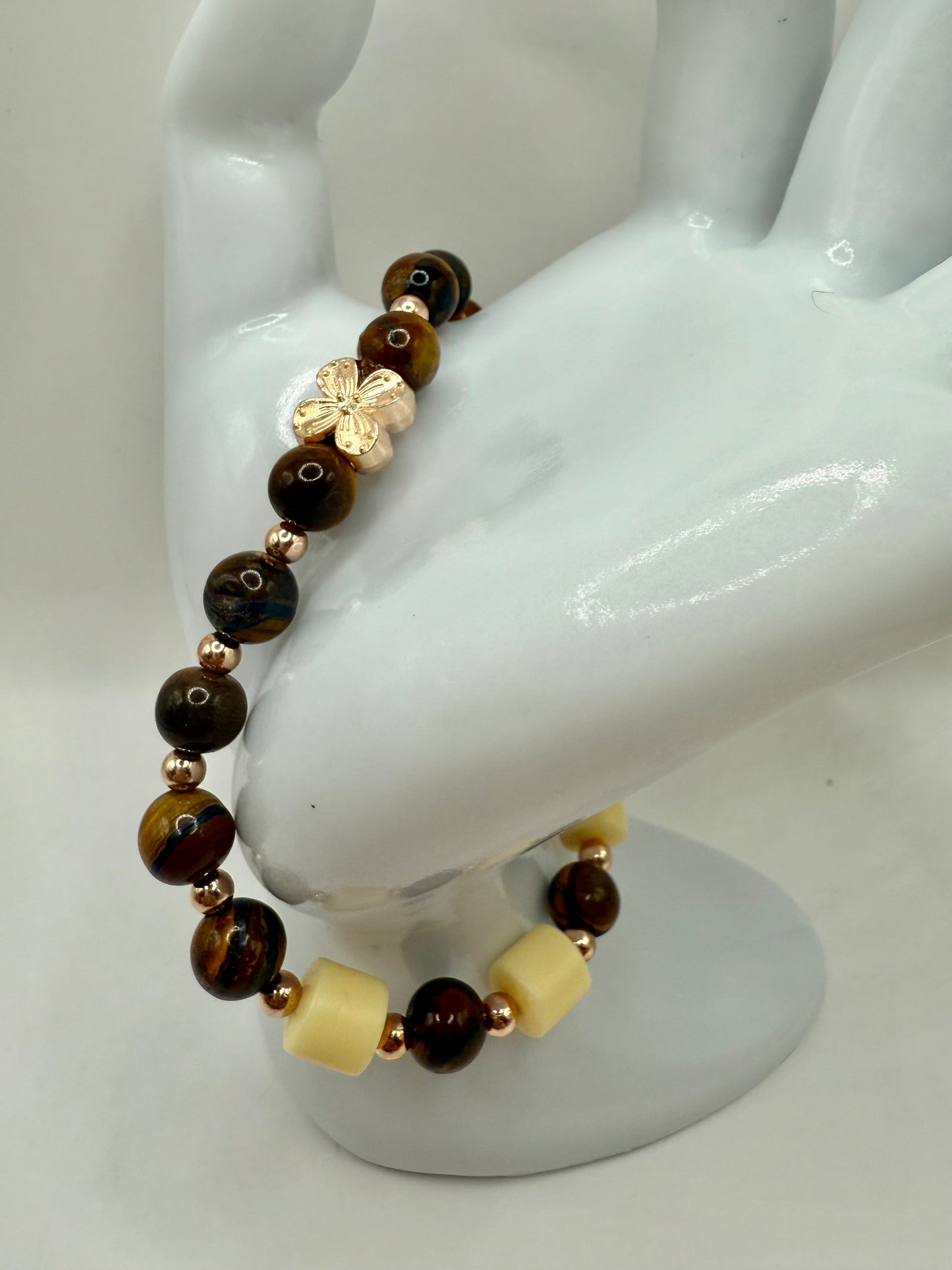 7.75” Tiger Eye & Bodhi Bead Stretch Bracelet with Soft Gold Accents | Handmade Spiritual Jewelry | Free Resizing