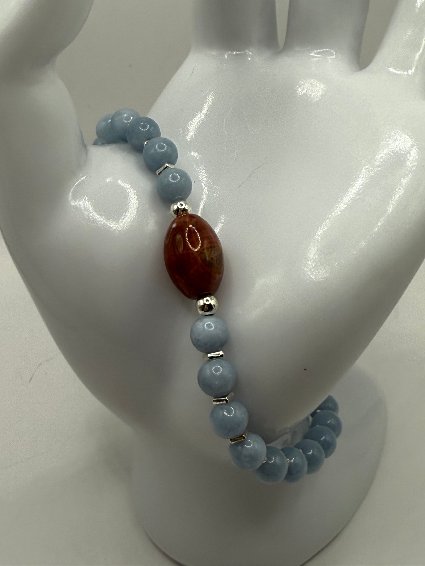 Angelite & Coral Jade Bracelet – 8” Stretch – Blue Healing Stone Jewelry – Gemstone Bracelet with Free Resizing – Handmade Gift