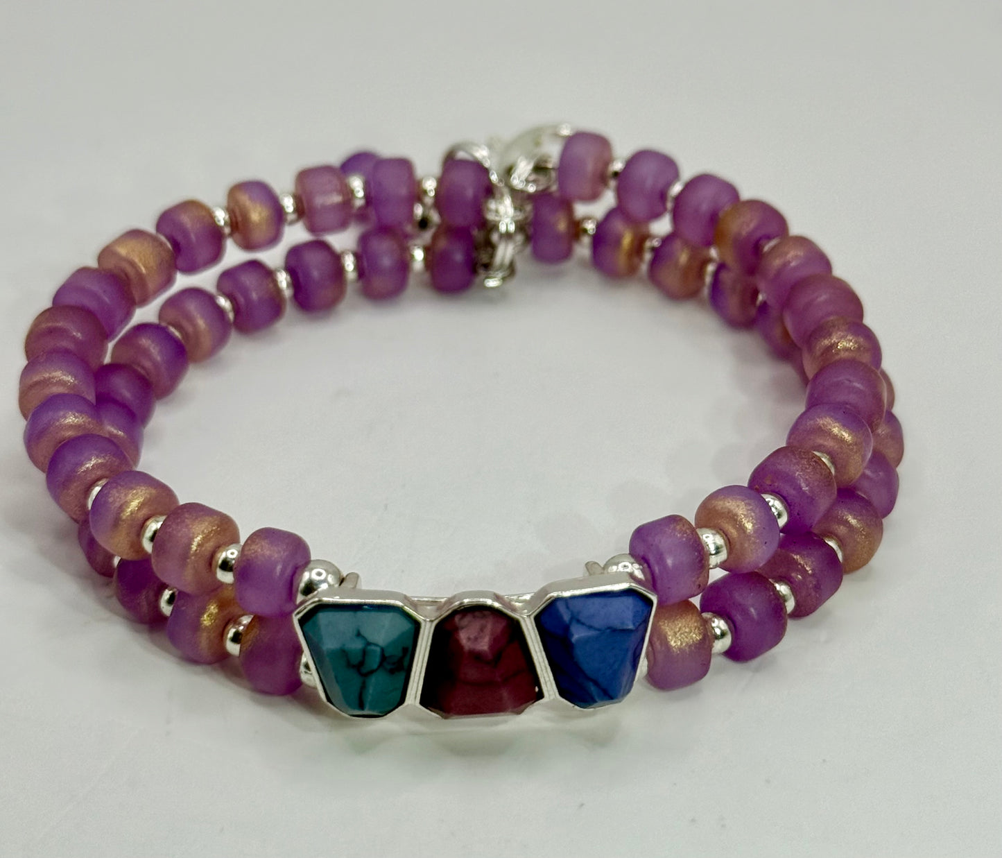 8” Double Banded Beaded Bracelet with Multi-Color Gemstone Focal | Purple Gold Beads | Handmade Jewelry | Free Resizing
