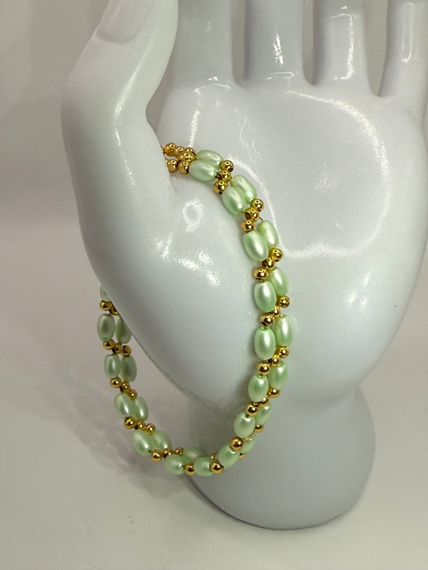 7.5” Double Banded Rice Bead Bracelet with Gold Accents | Mint Green Beaded Jewelry | Handmade Adjustable Bracelet